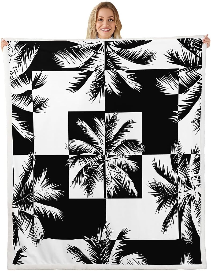 Feelyou Palm Tree Print Sherpa Blanket Tropical Palm Leaf Throw Blanket for Couch Bed Sofa Black White Geometric Square Decor Fleece Blanket Hawaiian Nature Theme Fuzzy Blanket Baby 30"x40"
