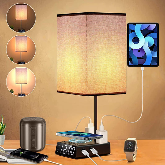 Bedside Lamp with USB Ports & AC Outlets, 15W Wireless Charger Table Lamp with Clock, 3 Way Dimmable Nightstand Lamps for Bedroom Living Room,Touch Lamp with Charging Station,Grey Shade & Black Base