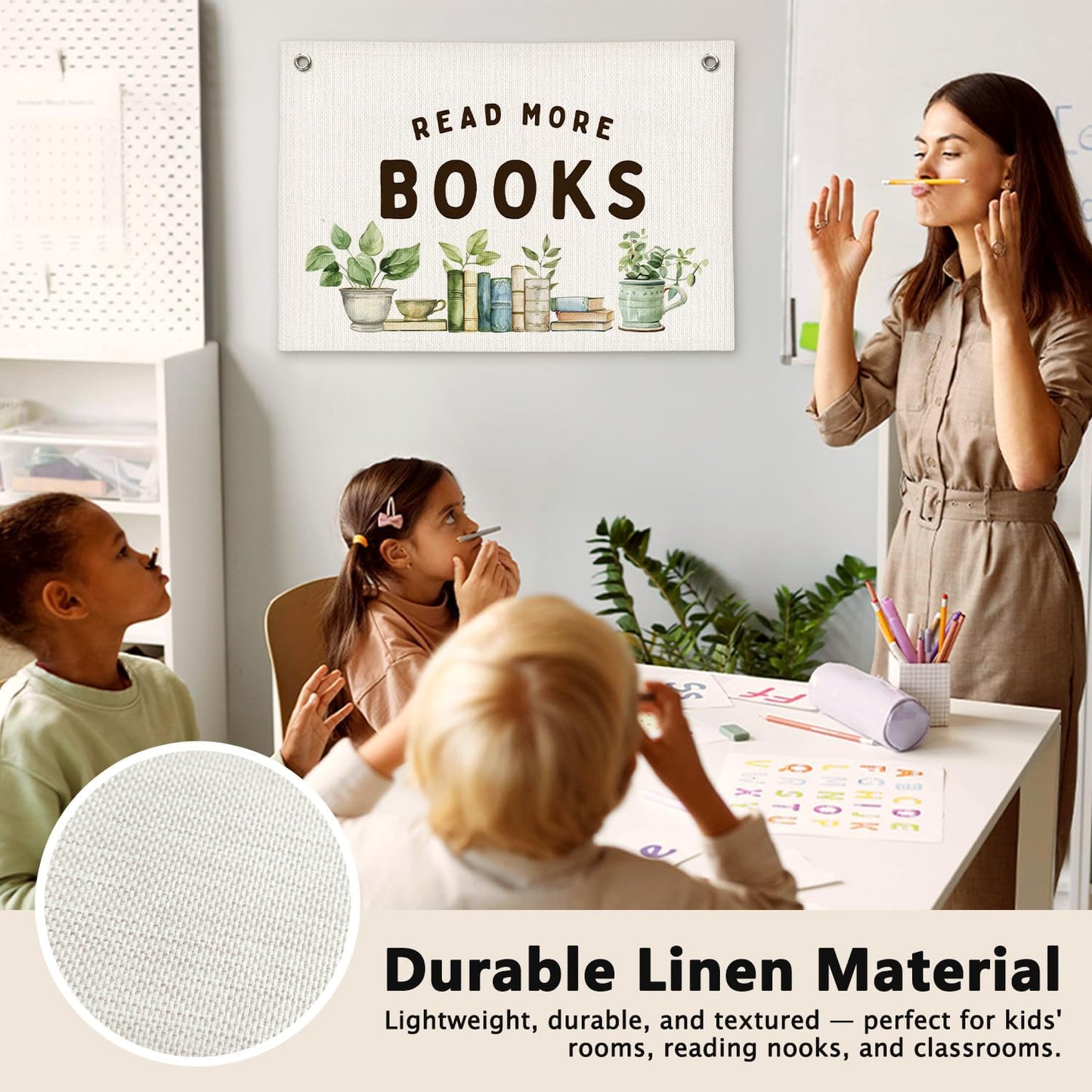 Read More Books Botanical Reading Room Decor - Linen Banner Wall Hanging Canvas Banner Flag Decor for Kids Nursery Toddler Reading Corner Nook Classroom Library