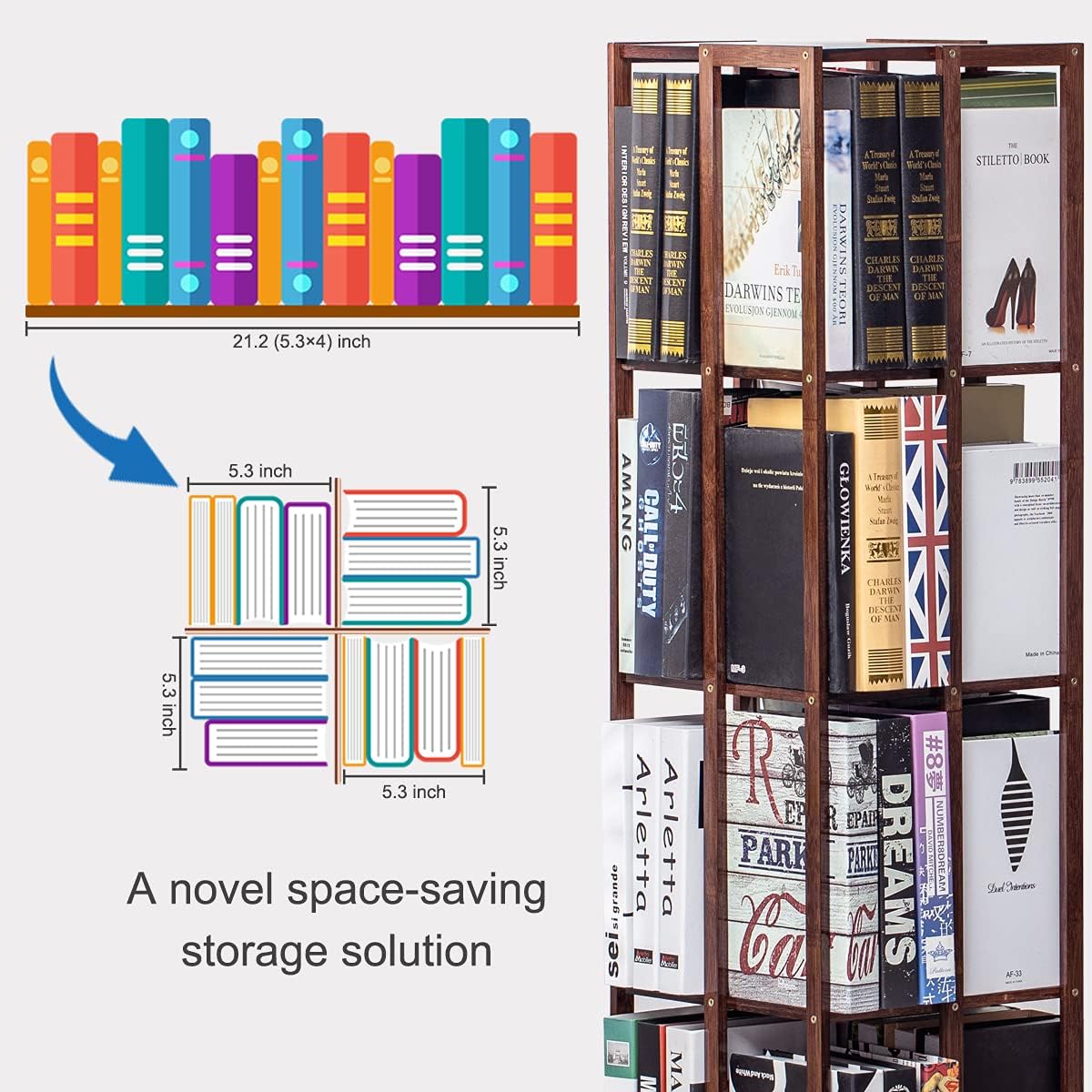 COPREE 5 Tier Rolling Bookcase, Bamboo 360 Rotating Bookshelf, Freestanding Storage Organizer Holder Book Rack with Wheels for Bedroom, Living Room Home and Office