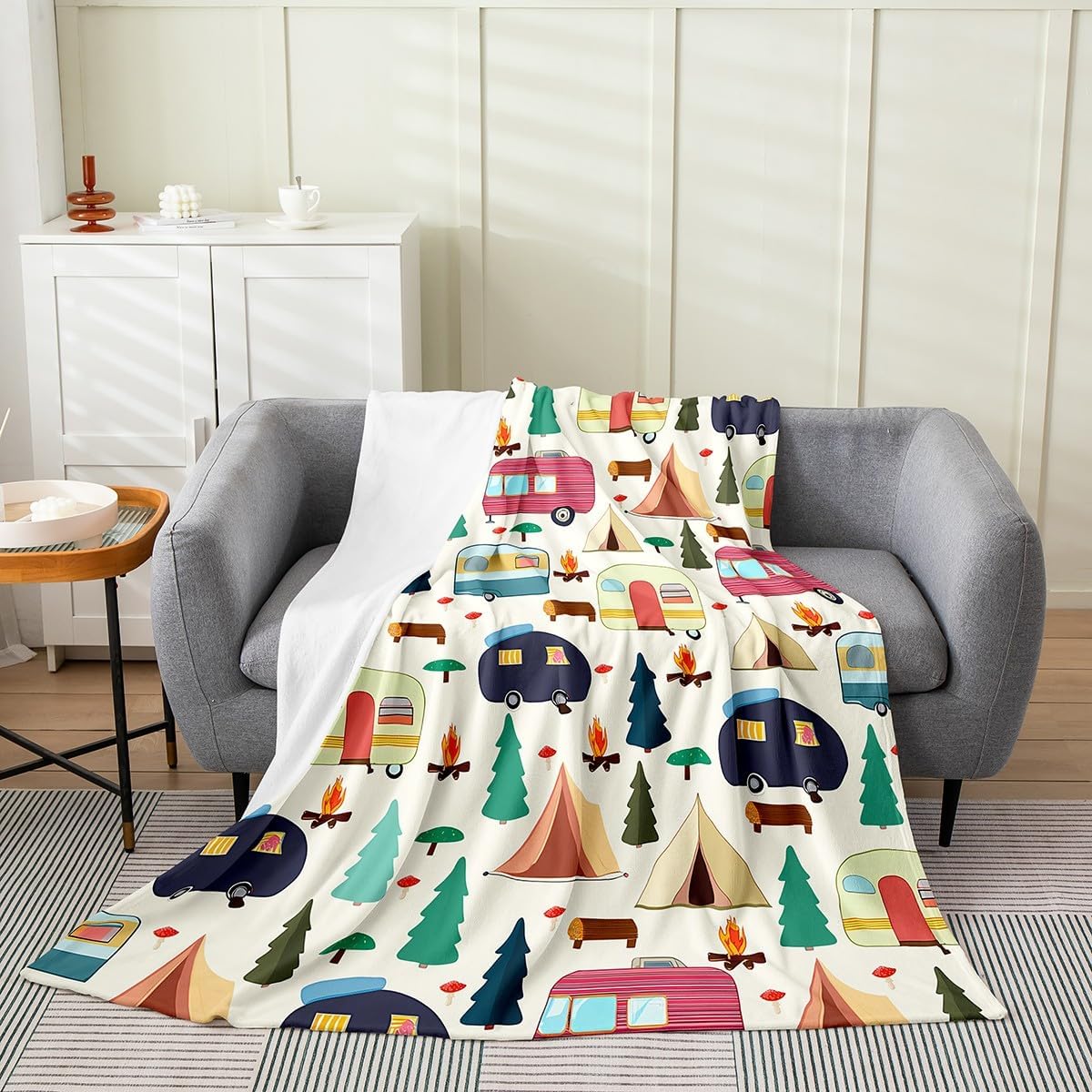 Feelyou Colorful Camper All Season,Bed Blanket Happy Camping Plush Throw Blanket, for Sofa Couch Kids RV Camping Flannel Fleece Blanket Cartoon Camping Car Farmhouse Trailers Camper Throw 50"x60"