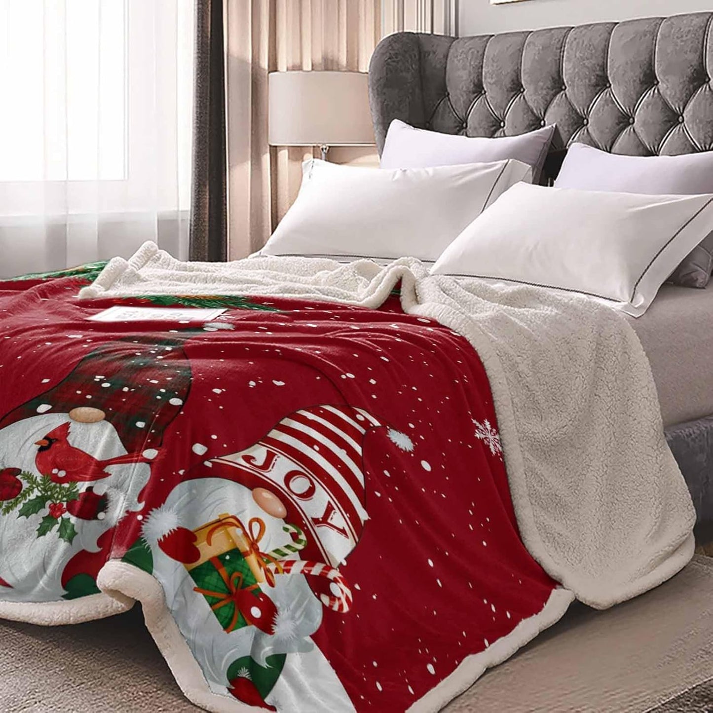 Chic D Sherpa Bed Throw Blanket Fleece Red Christmas Gnome Cardinals Snowflake, Ultra Soft Couch Throws Blanket, Merry Xmas Fuzzy Cozy Plush Warm Microfiber Blankets (Twin, 40x50inch)