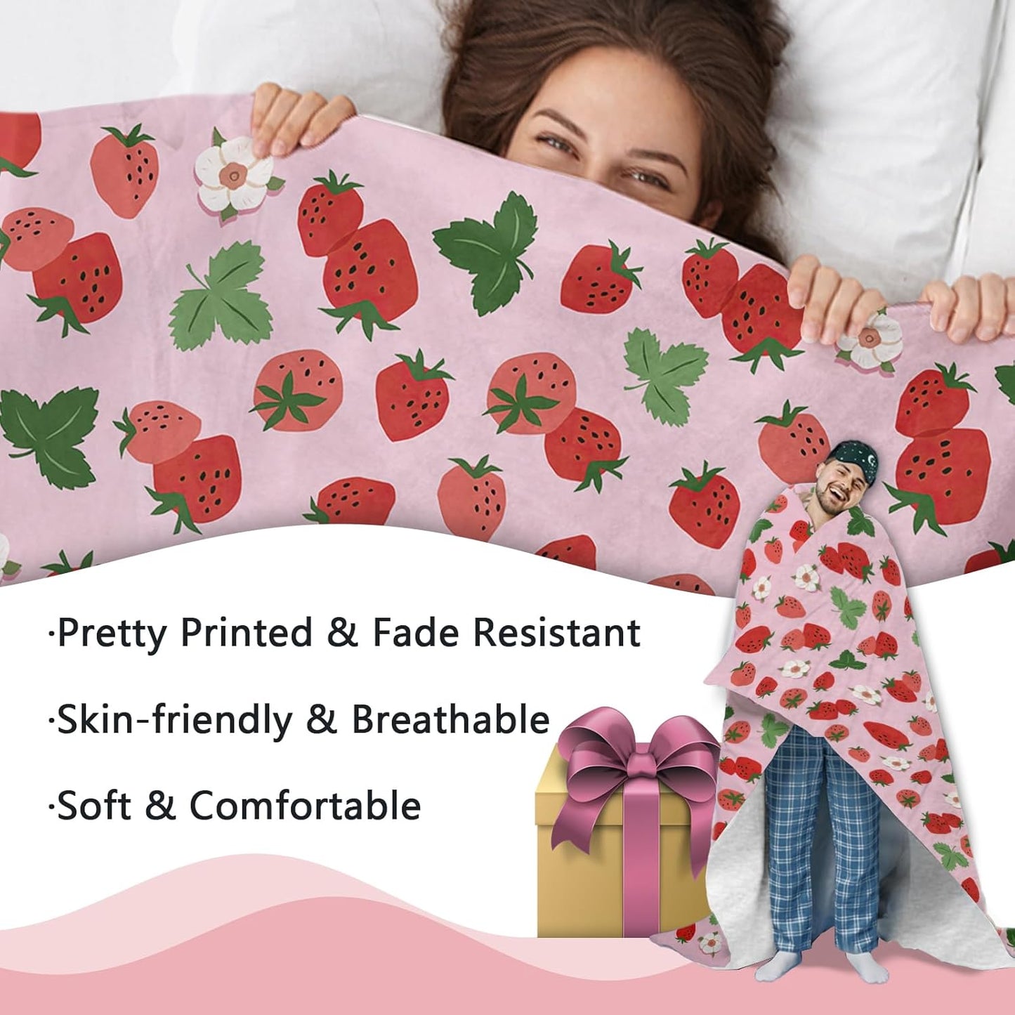Pink Strawberry Flannel Throw Blanket, Red Pink Fruit Floral Birthday Gifts for Kids Girls Women Adults Teen, Spring Summer Flowers Soft Blankets for Bedding Sofa 50" x 60"