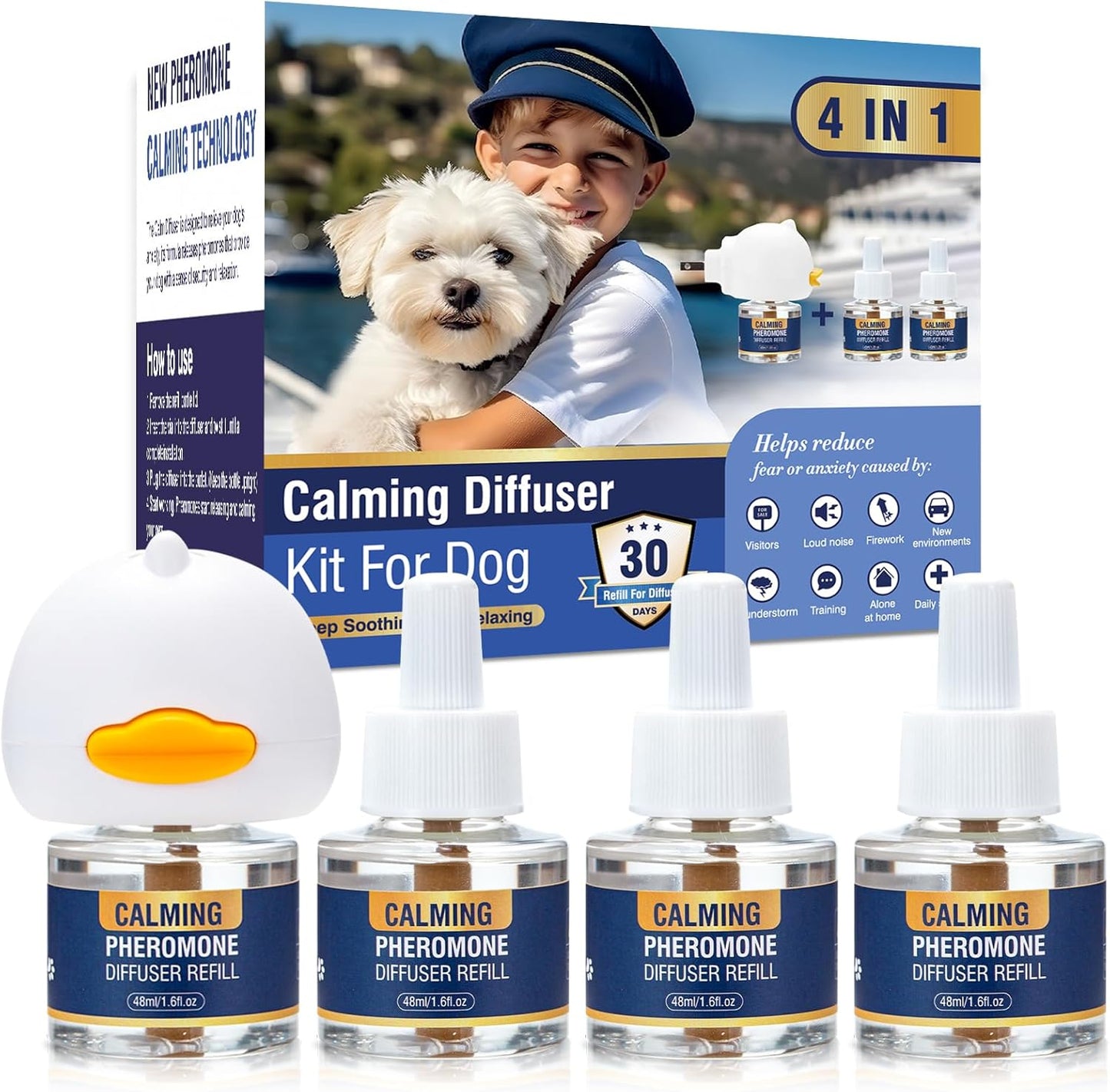 Dog Pheromone Calming Diffuser 4 In 1 Appeasing Pet Pheromones Diffuser to Calm Kit (Plug in+ 3 Pack 48ml Refill) for Anxiety Relief Reduce Barking Aggression Fighting Stress 90 Day Supply(Tasteless)