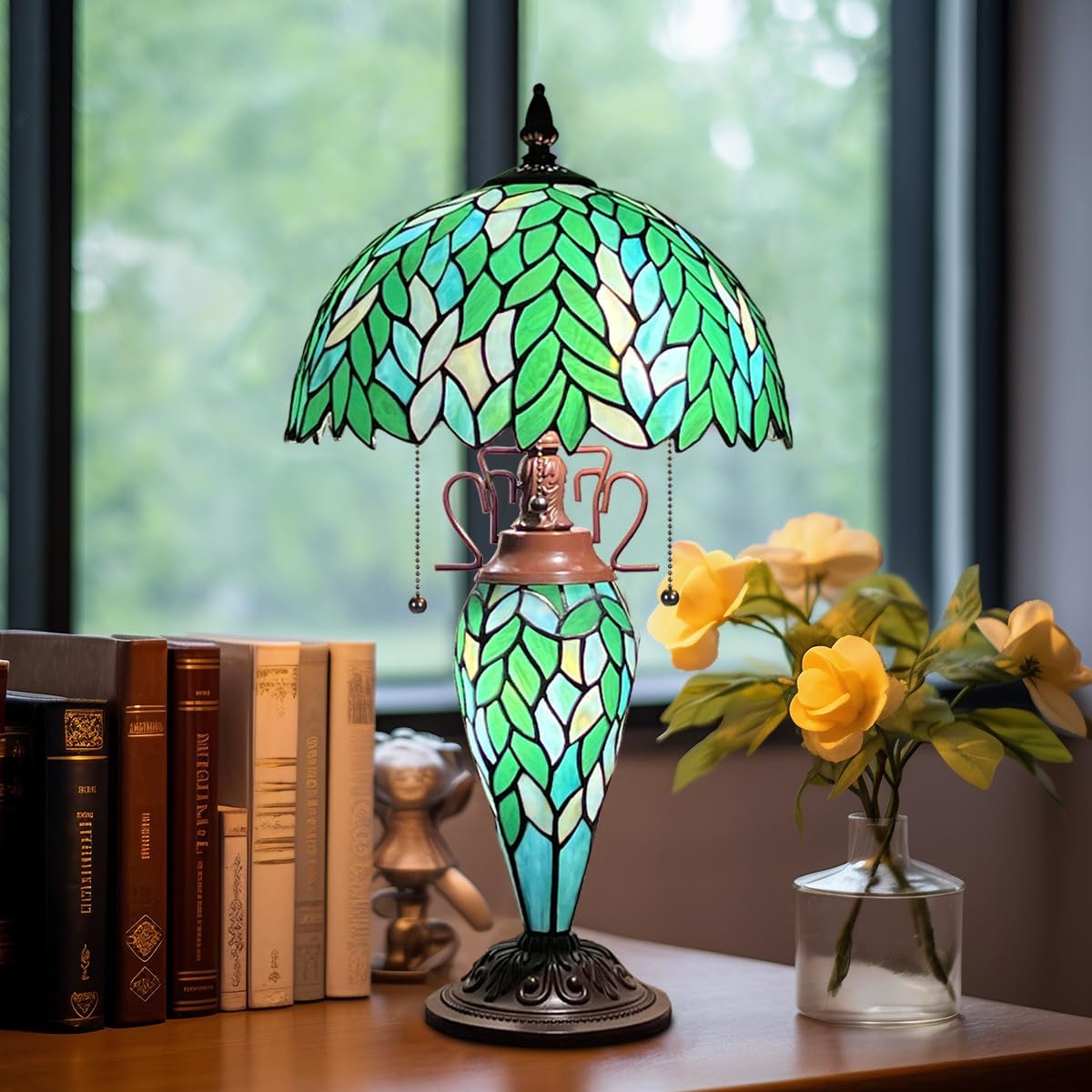 Tiffany Table lamp with nightlight, Green Wisteria Stained Glass Desk Light - Antique 3-Lights Medium Nightstand Bedside Reading Light for Living Room Bedroom Office