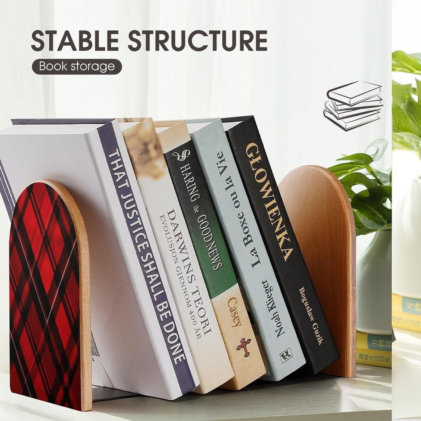 Red and Black Plaid Bookend for Shelves Wooden Book End Large Size Sturdy Book Holders Stoppers with Metal Base for Bookshelves Slick Decorative Bookends Stands