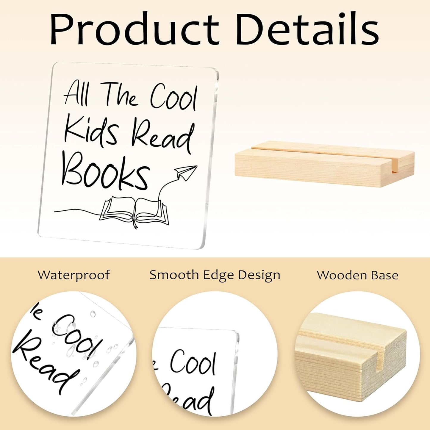 All The Cool Kids Read Books - Reading Sign 4"x4" with Wooden Stand - Decor for Classroom, Library, Reading Room, Book Shelf, etc. - Favors for Back-to-School Season, Christmas, etc.(004)