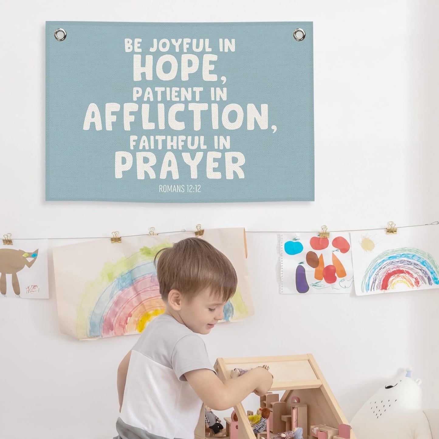 Blue Christian Kids Banner Canvas, Bible Verse Be Joyful in Hope Toddler Room Decor, Inspirational Hanging Flag Sign, Nursery Wall Tapestry Art for Playroom Bedroom Classroom Decor 20x30in