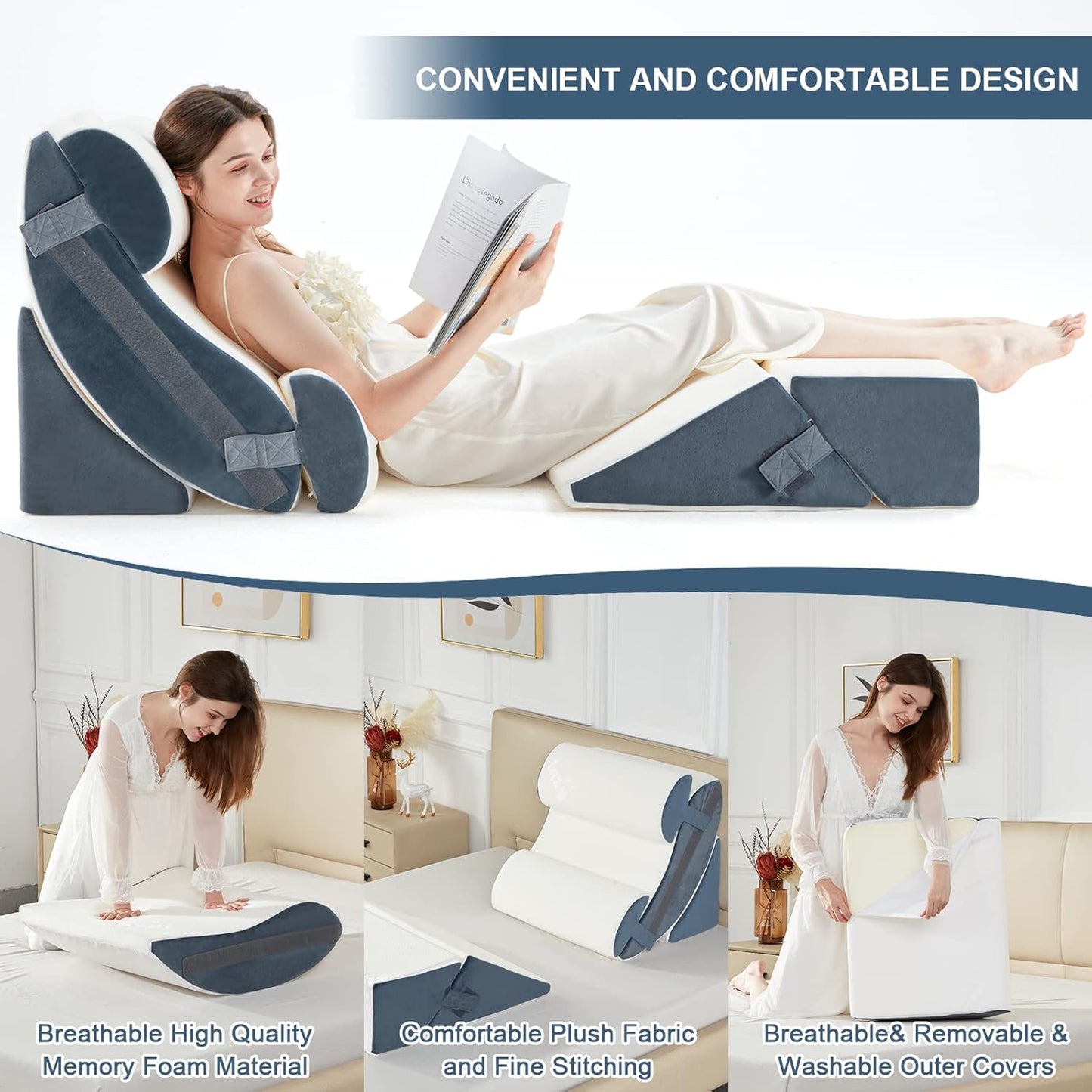 6pcs Orthopedic Bed Wedge Pillow Set, Memory Foam Wedge Pillow for Sleeping, Knee, Lumbar and Back Pain Relief Adjustable Bed Pillow - Acid Reflux, Anti Snoring & GERD Sleeping, Grey