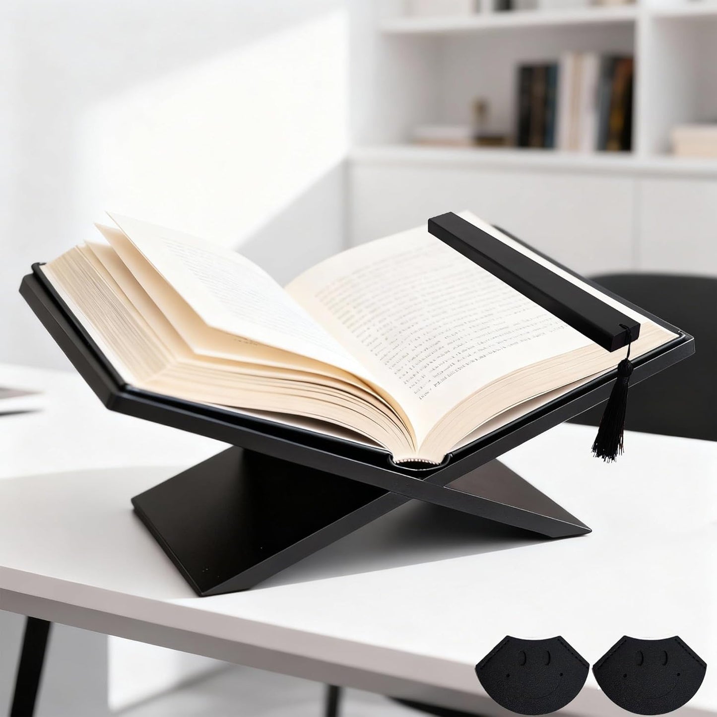 Solid Wood Book Stands with Bookmark - Cross Frame Walnut Wooden Book Holder, Open Bookstand for Display and Reading, Suitable for Art, Bible, Cookbook, Easel, Magazine, Textbooks (Black)