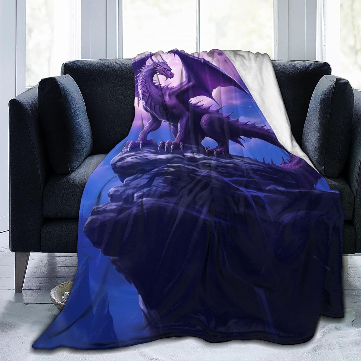 Fantasy Purple Dragon Blanket Gifts for Adults Boys Moon Cliff Flannel Throw Blankets Soft Comfy Lightweight for Home Decor Couch Bed Sofa 80x60 Inches