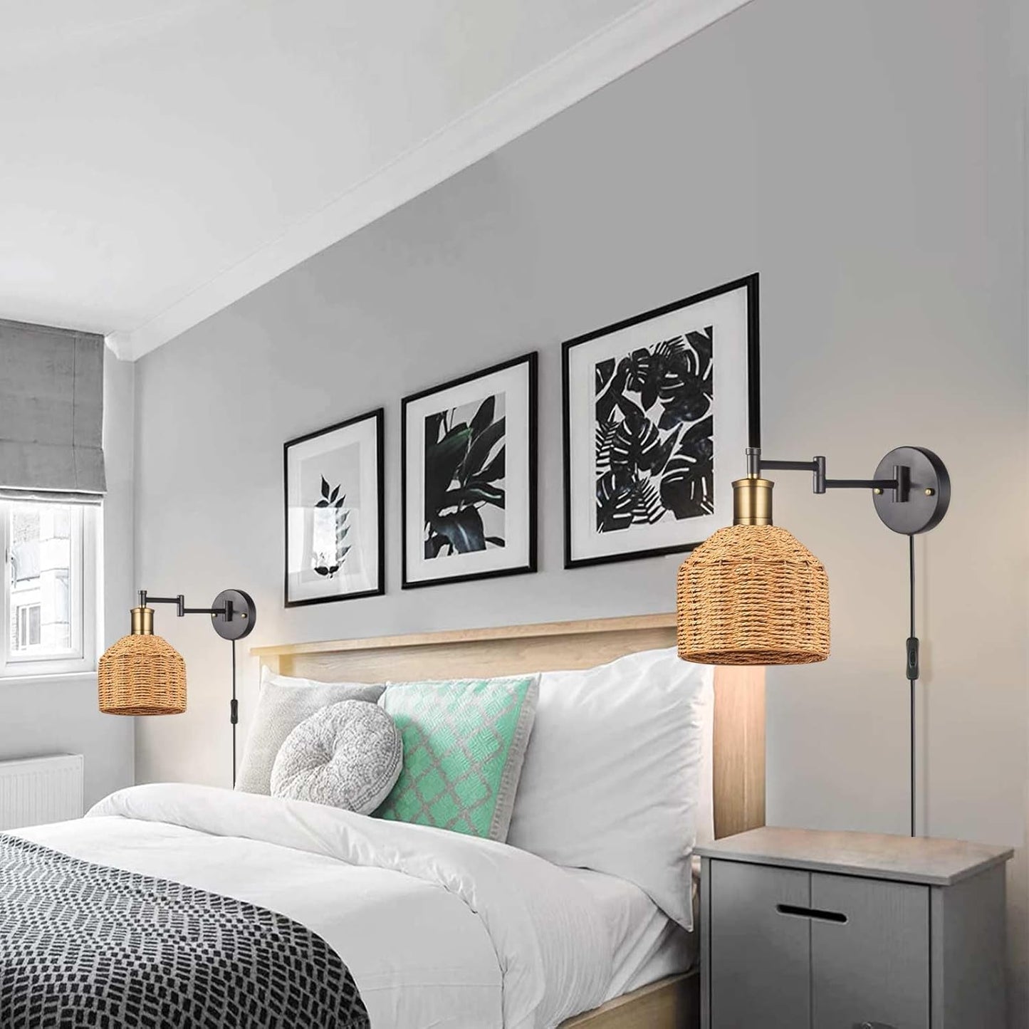 Plug in Wall Sconces, Swing Arm Wall Lamp with Natural Paper String Lampshade Set of 2, Bronze Head, Vintage Adjustable Wall Mounted Sconce Wall Light Fixture for Bedroom,Bedside,Kitchen,Living Room