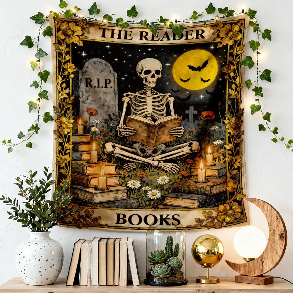 GLOBLELAND Magic Skeleton Reading Throw Blanket 59 x 51 Mysterious Night Tomb Tarot Throw Blankets Magical Theme Reader Books Blanket for Home Sofa Travel Adult Women Comfort Warmth Soft Cozy
