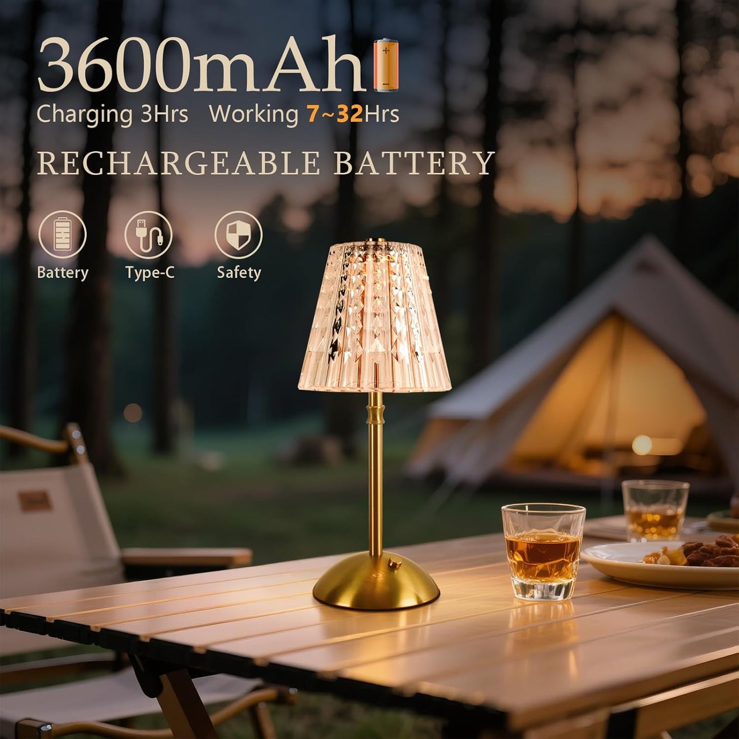 2 Pack Touch Cordless Table Lamp Rechargeable, 3600mAh Battery Operated Small Crystal Lamp, 3 Color Dimmable Vintage Gold Table Light for Bedroom/Kitchen/Gift for Home Décor (Vintage)