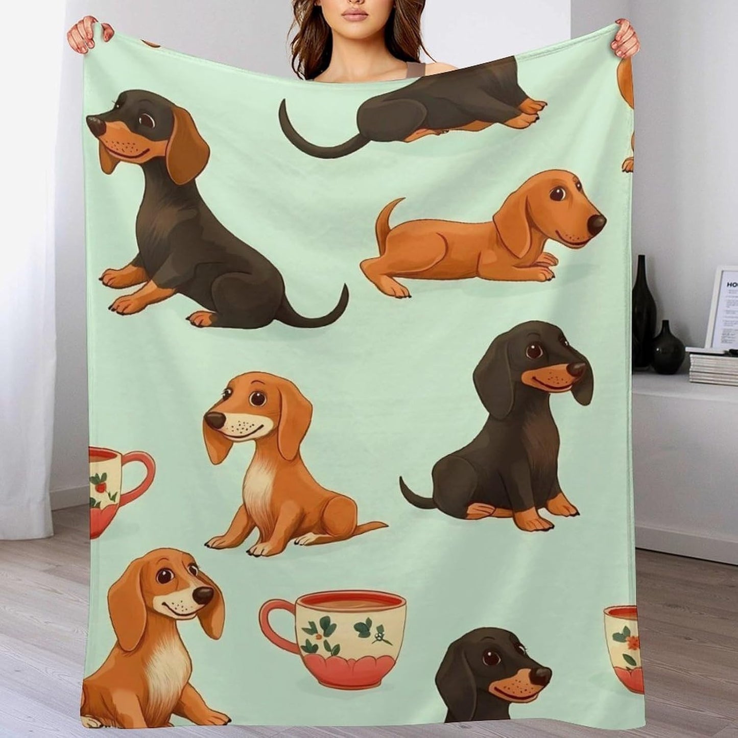 Cute Coffee Dachshund Throw Blanket for Couch Bed Plush Cozy Fuzzy Flannel Blanket for All Season 55"x70"