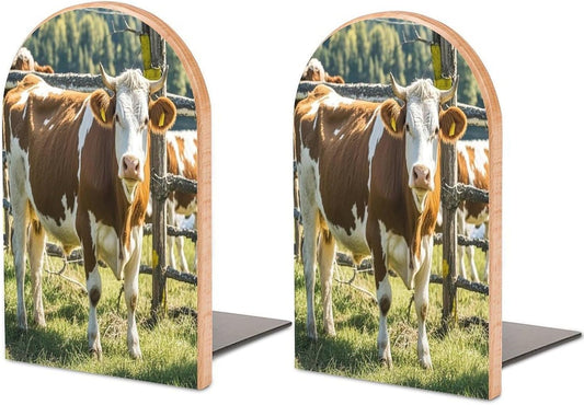 Farm Cow Pictures Bookends 1 Pair Heavy Duty Book Ends for Shelves Non-Skid Bookend Supports Wooden Book Holders with Metal Base Desk Organizers Books Storage to Hold Books
