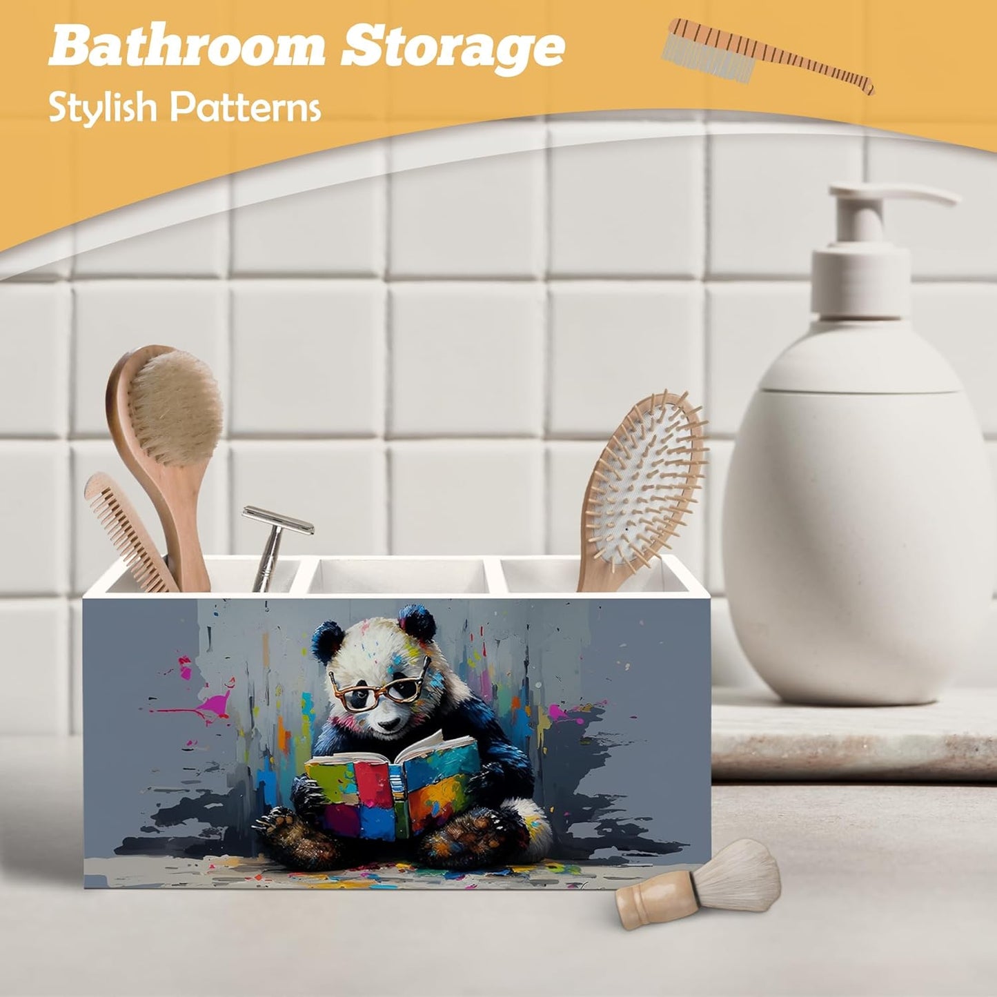 Book Lovers Gifts Pen Holder Organizer for Desk Accessories, Watercolor Reading Panda Bookish Wooden Box Desk Decorations for Kids Reading Corner Nook Room Classroom Decor