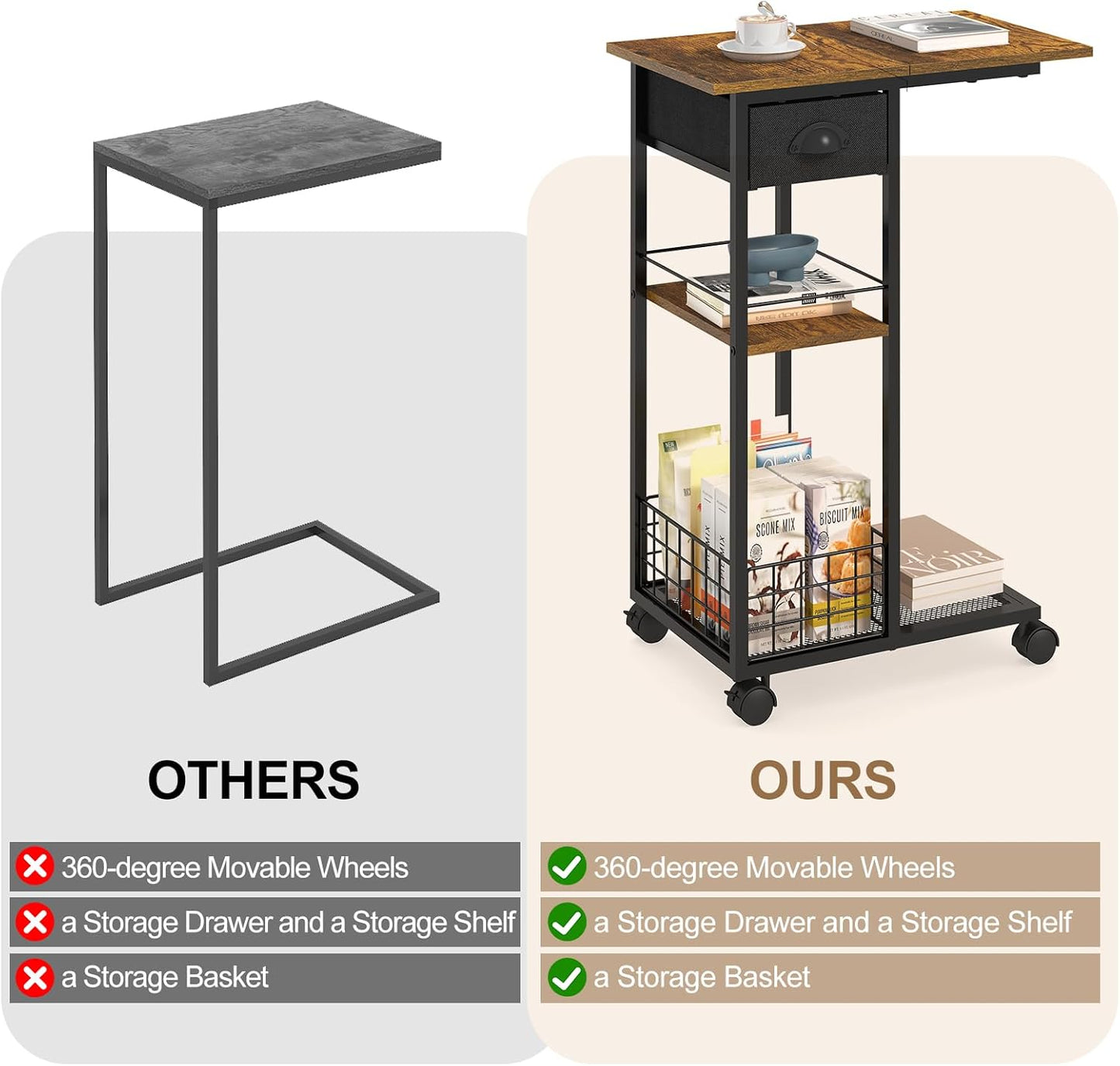 3-Tier C-Shaped End Table with Drawer — 360° Rotation, Wheels, Space-Saving TV Tray for Living Room / Bedroom