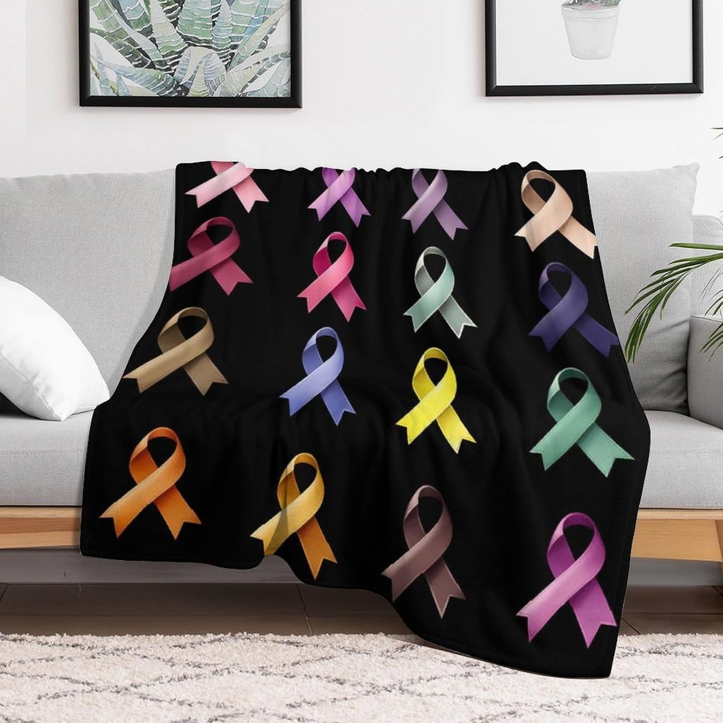 Colorful Breast Cancer Awareness Ribbon Throw Blanket for Couch Bed Plush Cozy Fuzzy Flannel Blanket for All Season 66"x90"