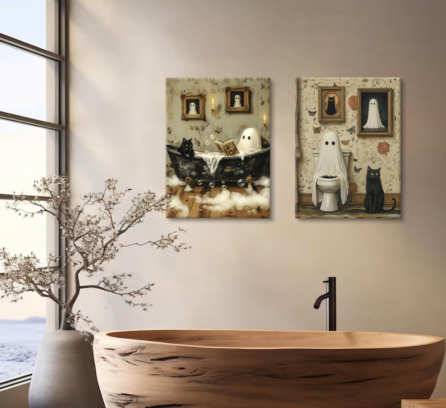 2pcs Funny Ghost Bathroom Wall Art Spooky Ghost on Toilet Wall Decor Gothic specter and Cute Black Cat Canvas Poster Dark Academia specter Painting Prints for Toilet Dorm Halloween Decor12x16In Canvas