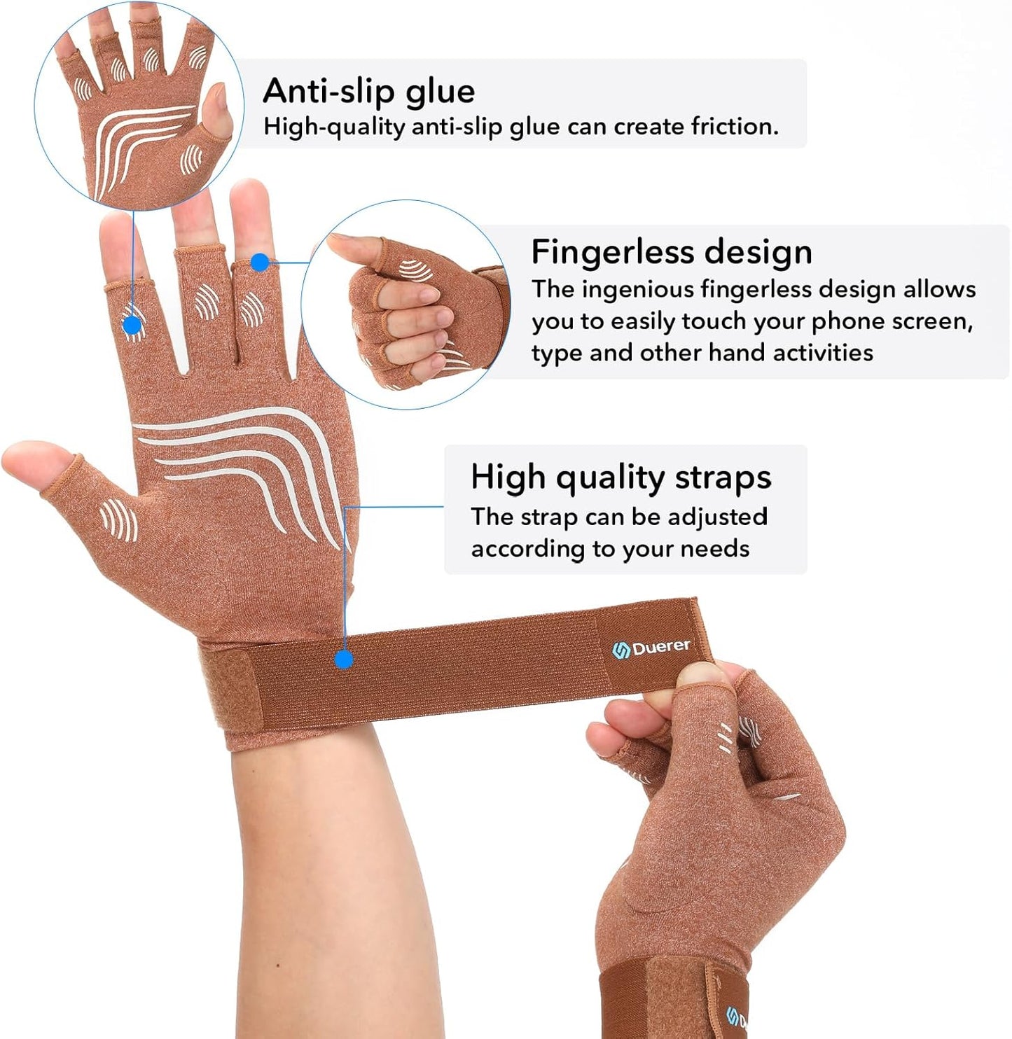 Duerer Arthritis Compression Gloves with Straps, Women Men for RSI, Carpal Tunnel, Rheumatoid, Tendonitis, Hand Pain, Hand Support. Fingerless Gloves for Computer Typing and Daily work (Brown, XL)