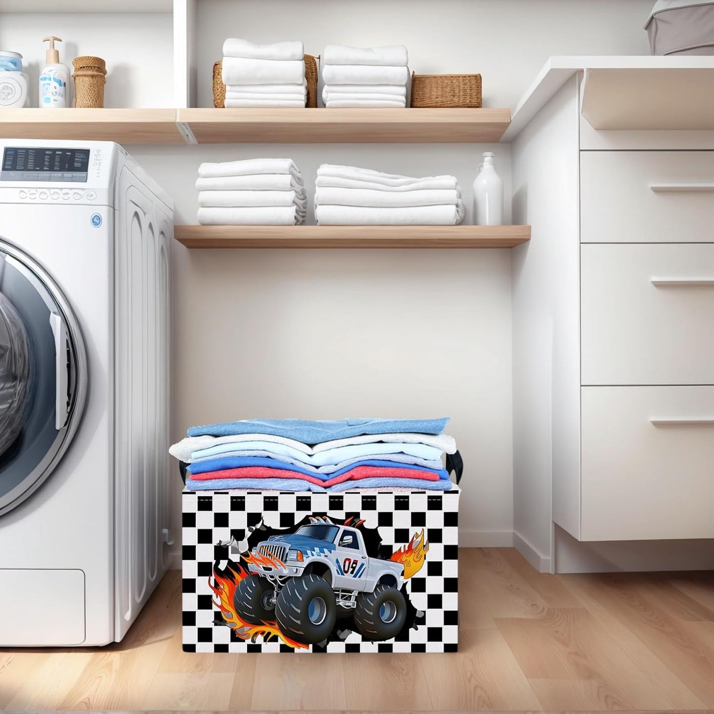 Racing Car Storage Basket Monster Truck Toy Book Shelf Basket Kid Room Decor Gift (Black and White Checkered)