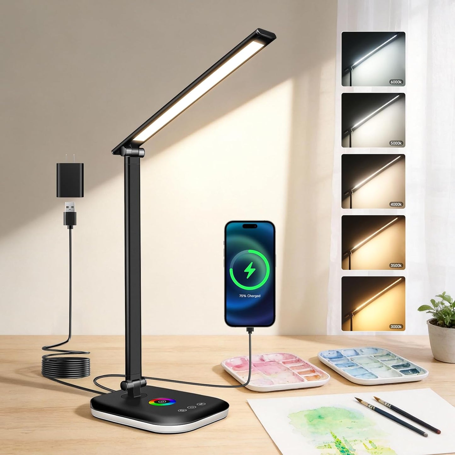 Bright LED Desk Lamp for Office Home, 10%-100% Stepless Dimmable & 5 Color Temperatures, Eye Caring Desk Light for Office, Study, Craft, Puzzle, Nail, Sewing | USB Charging | 45 Min Timer | RGB
