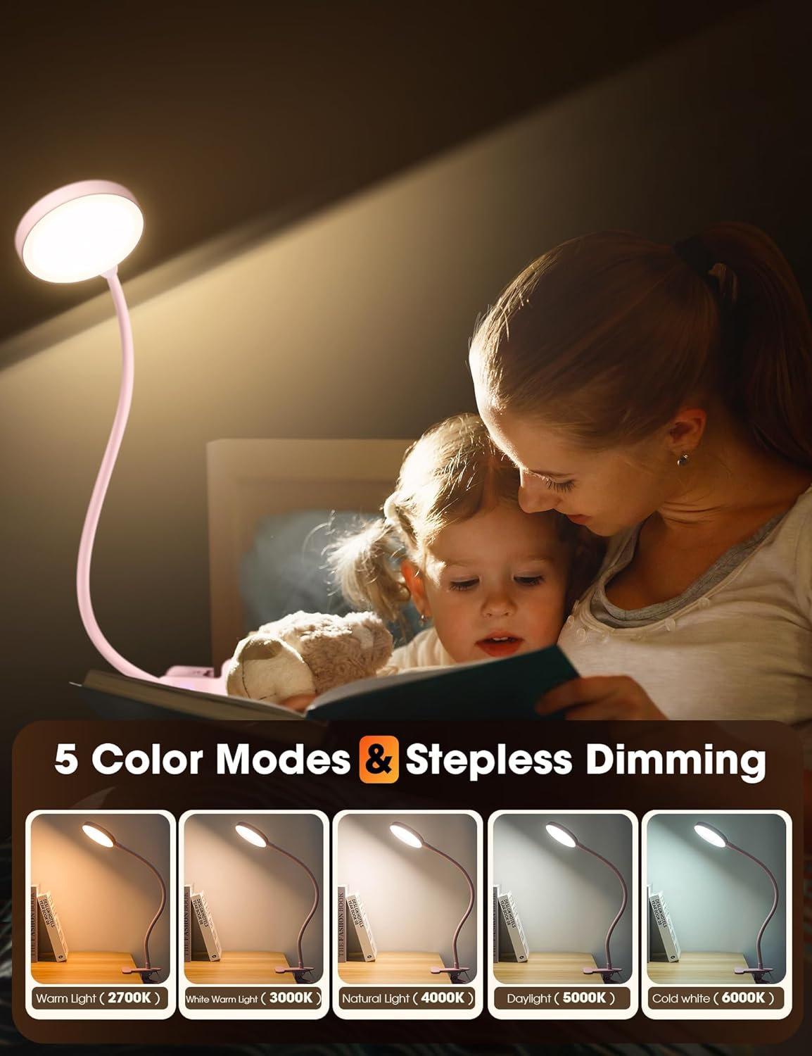 Desk Lamp Clip on Light 8W 66 LED Reading Light for Bed, 5 Colors 10 Dimming Levels, Eye Caring Metal Reading Lamp, Clip lamp for Bed Headboard Home Office (Pink)