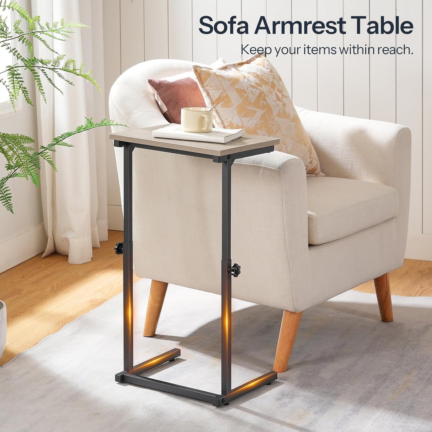 HOOBRO C Shaped End Table for Couch, Adjustable Height Side Table, Sofa Table for Small Spaces, Couch Table that Slide Under, for Living Room, Bedroom, Greige and Black BG71SF01