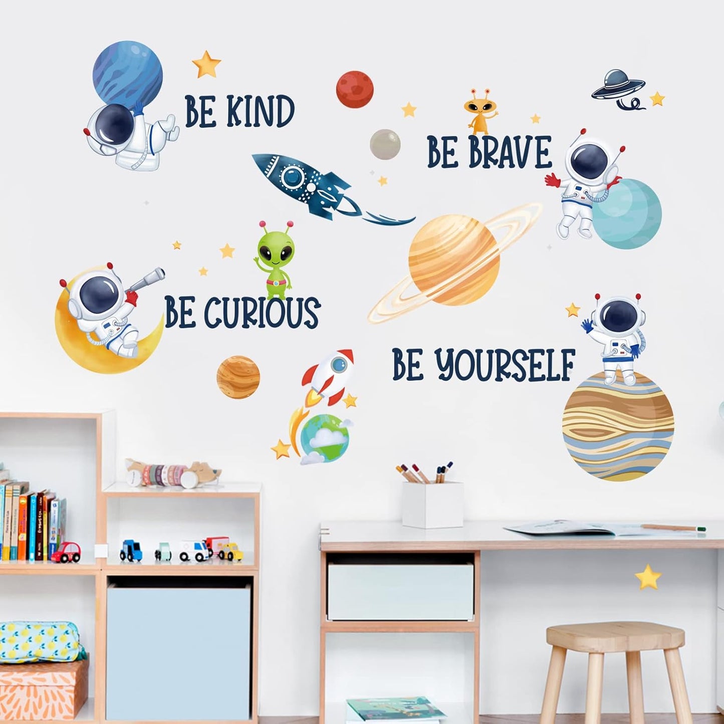 wondever Planets Outer Space Wall Stickers Be Kind Be Brave Inspirational Quote Astronaut Peel and Stick Wall Art Decals for Baby Nursery Kids Bedroom Playroom