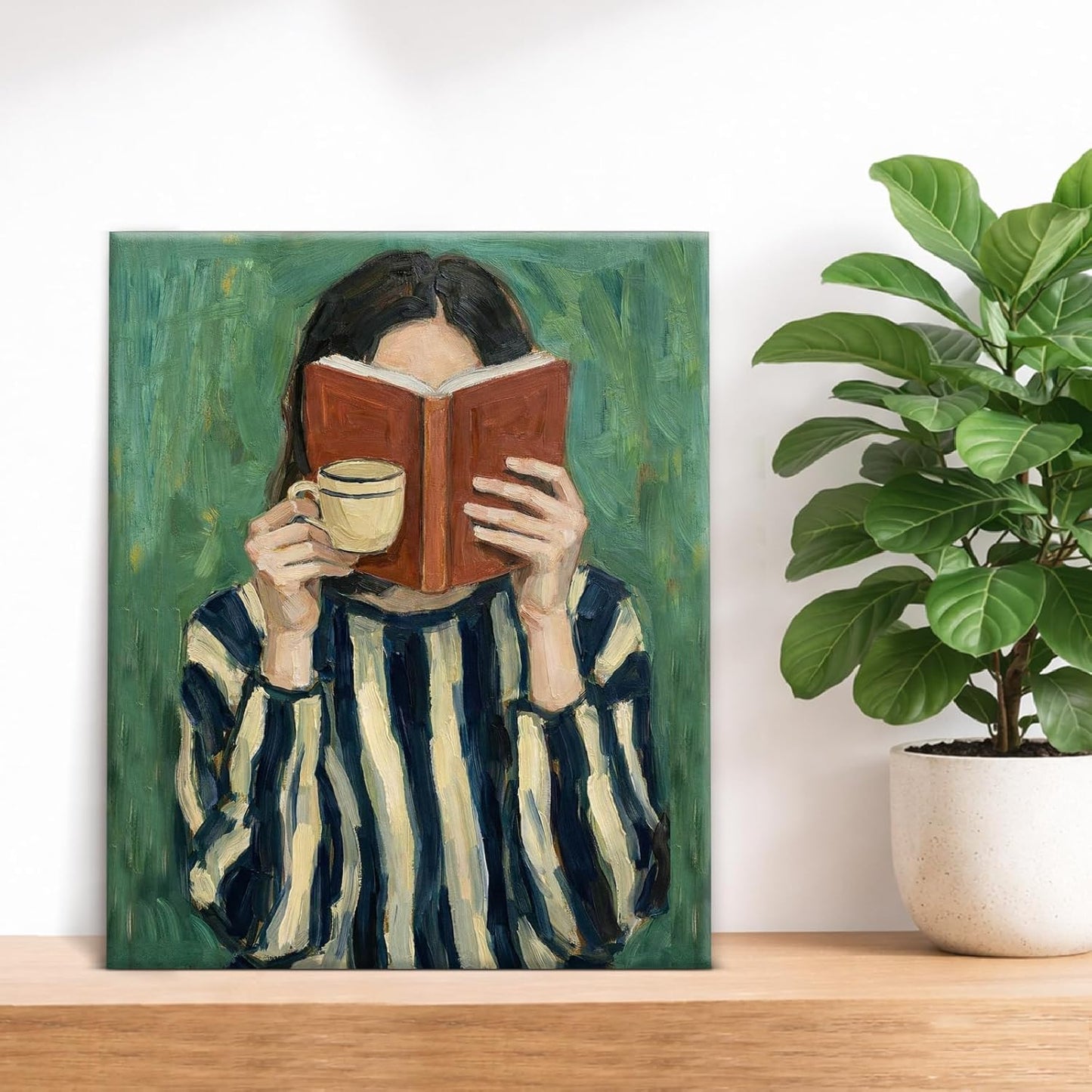 Modern Reading Wall Art, Aesthetic Green Bookish Wall Decor for Bedroom Study Room, Vintage Reading Woman Canvas Prints Poster Framed 8x10 Inch
