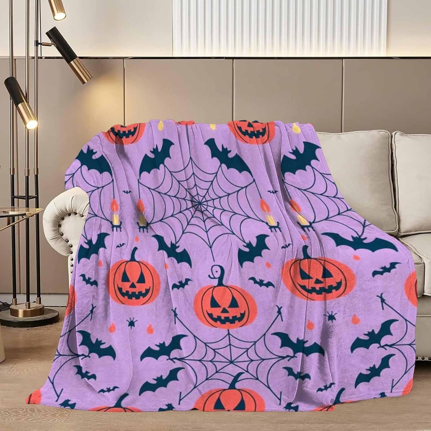 D-Story Halloween Fleece Throw Blanket Fall Pumpkin Blanket for Couch Sofa Bed Room Thanksgiving Gifts for Kids Adults 50" x 60" Purple