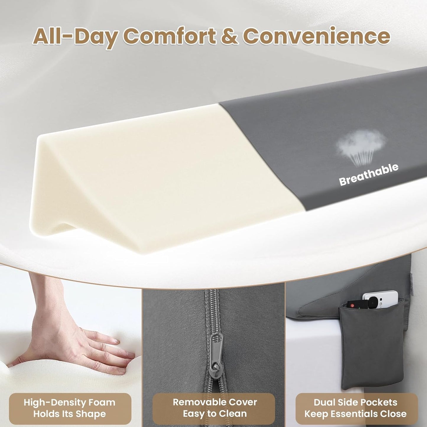 Vekkia King Bed Wedge Pillow for Headboard Gap Filler (0–5.5"), Prevents Pillows & Items from Falling, High-Density Foam Mattress Gap Filler with Pockets, Removable Cover, Gray, 76"x10"x6.5"