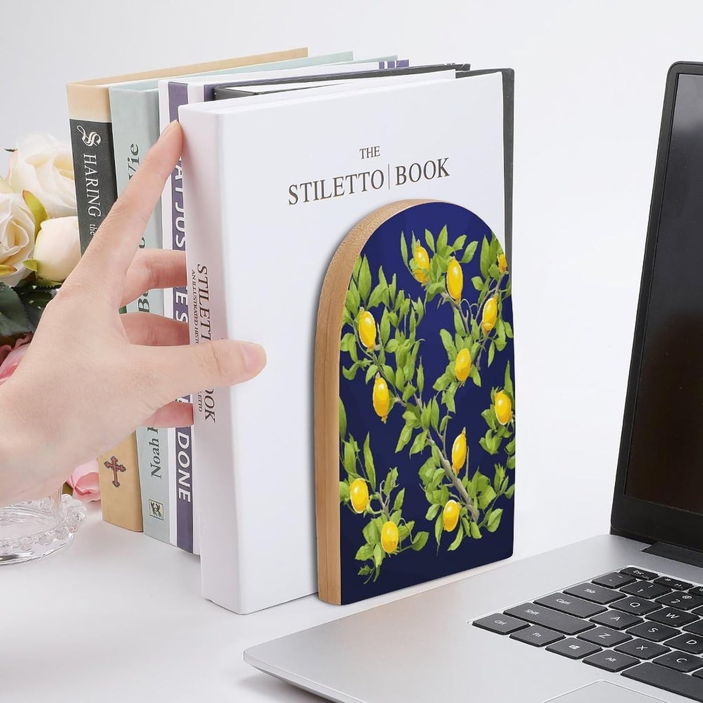 Lemon Tree Bookend for Shelves Wooden Book End Large Size Sturdy Book Holders Stoppers with Metal Base for Bookshelves Slick Decorative Bookends Stands