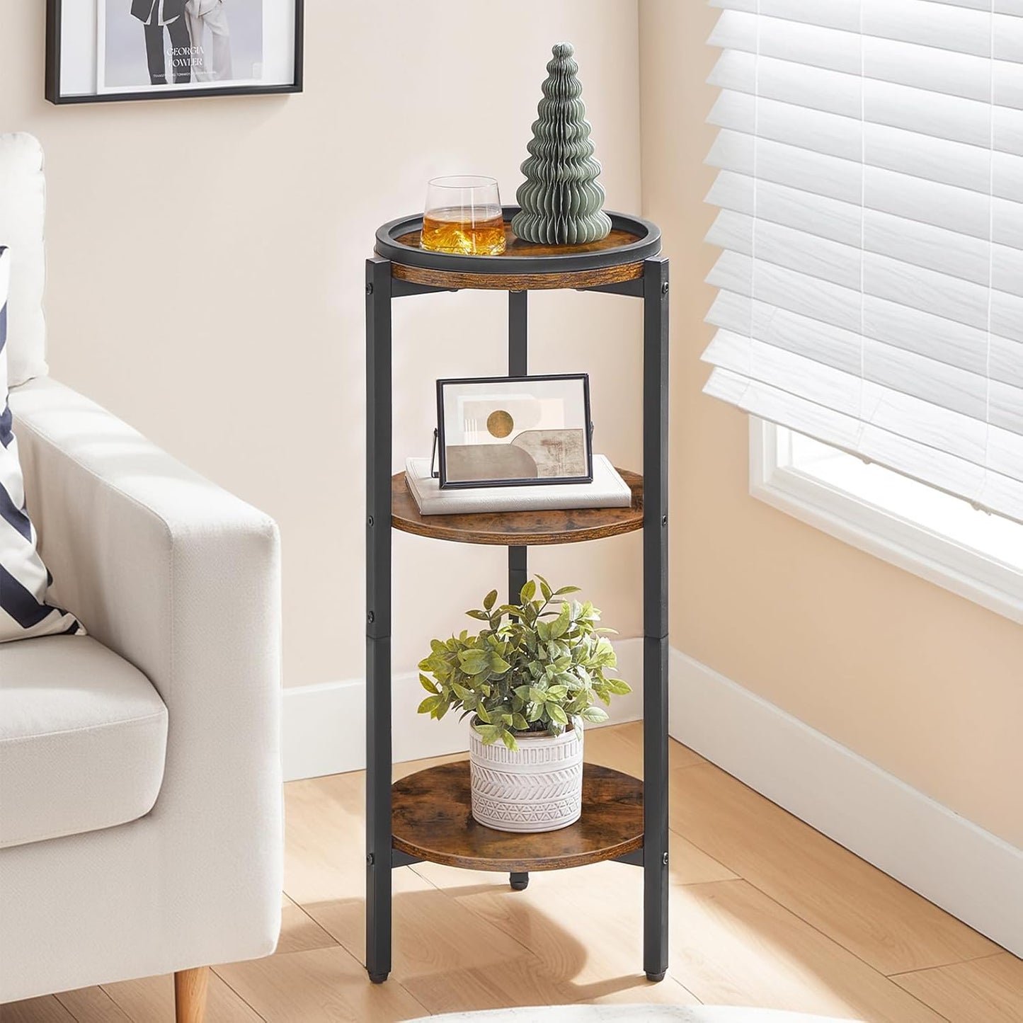HOOBRO Small Round Side Table, 3-Tier Tall Coffee Drink Table for Sofa Couch, 28.7" H Slim Nightstand, Circle Wooden Accent Table for Living Room, Corner, Bedroom, Rustic Brown BF182BZ01