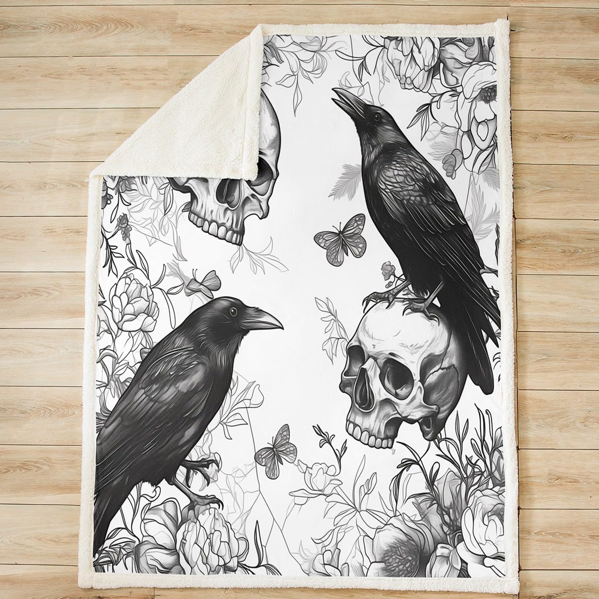 Feelyou Happy Halloween Sherpa Blanket Throw 50"x60" Sugar Skull Fleece Throw Blanket for Bed Sofa Couch Decor Horror Theme Plush Blanket Boys Girls Raven Animal Print Fuzzy Blanket Flannal Blanket