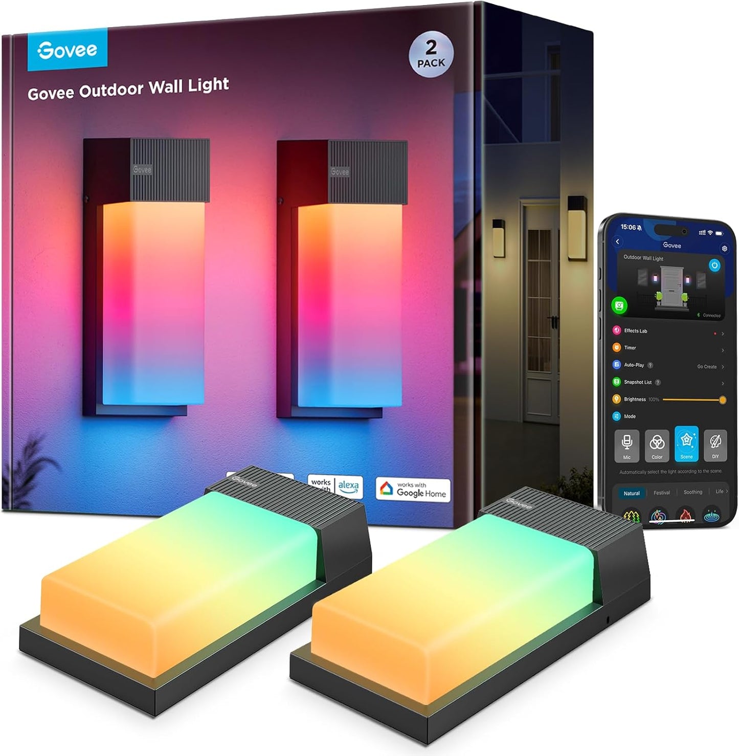 Govee Outdoor Wall Light, 1500LM Smart RGBIC Porch Lights Outdoor with 45 Scene Modes, IP65 Waterproof for Outdoor Decor, DIY, Wall Sconce Works with Alexa, Google Assistant and Matter, 2 Pack