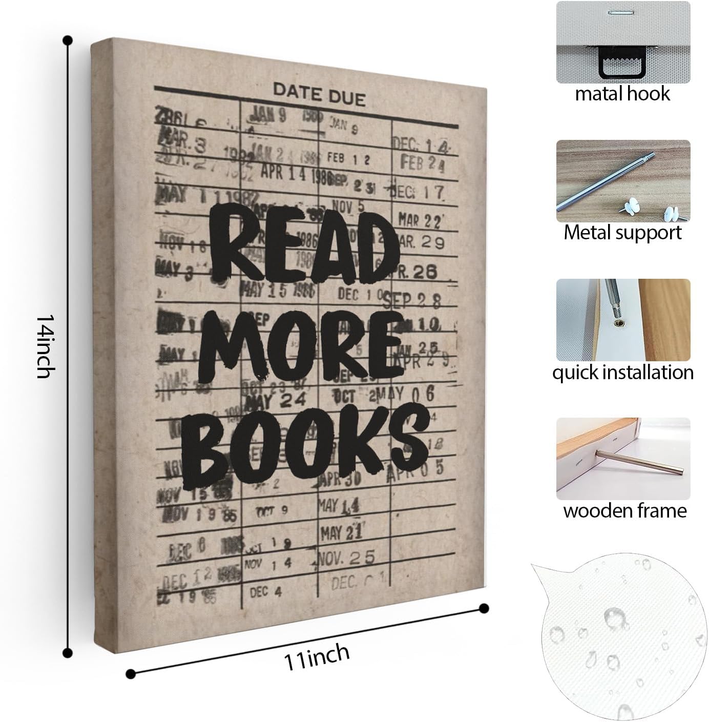 APJYM Trendy Retro Read More Books Wall Art, Library Reading Nook Corner Decor, Vintage Library Date Due Canvas Wall Art for Classroom Girls Room Dorm Reading Room, 11x14 Inches Framed