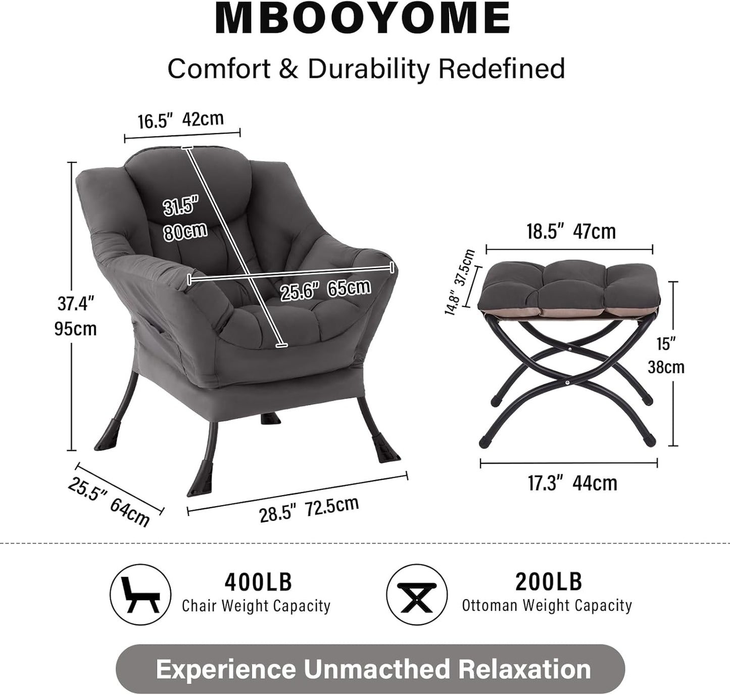 Lazy Chair with Ottoman, Modern Accent Lounge Armchair with Armrests and a Side Pocket & Foldable Footstool, Leisure Reading Chair for Living Room, Bedroom, Dorm & Office, Dark Grey