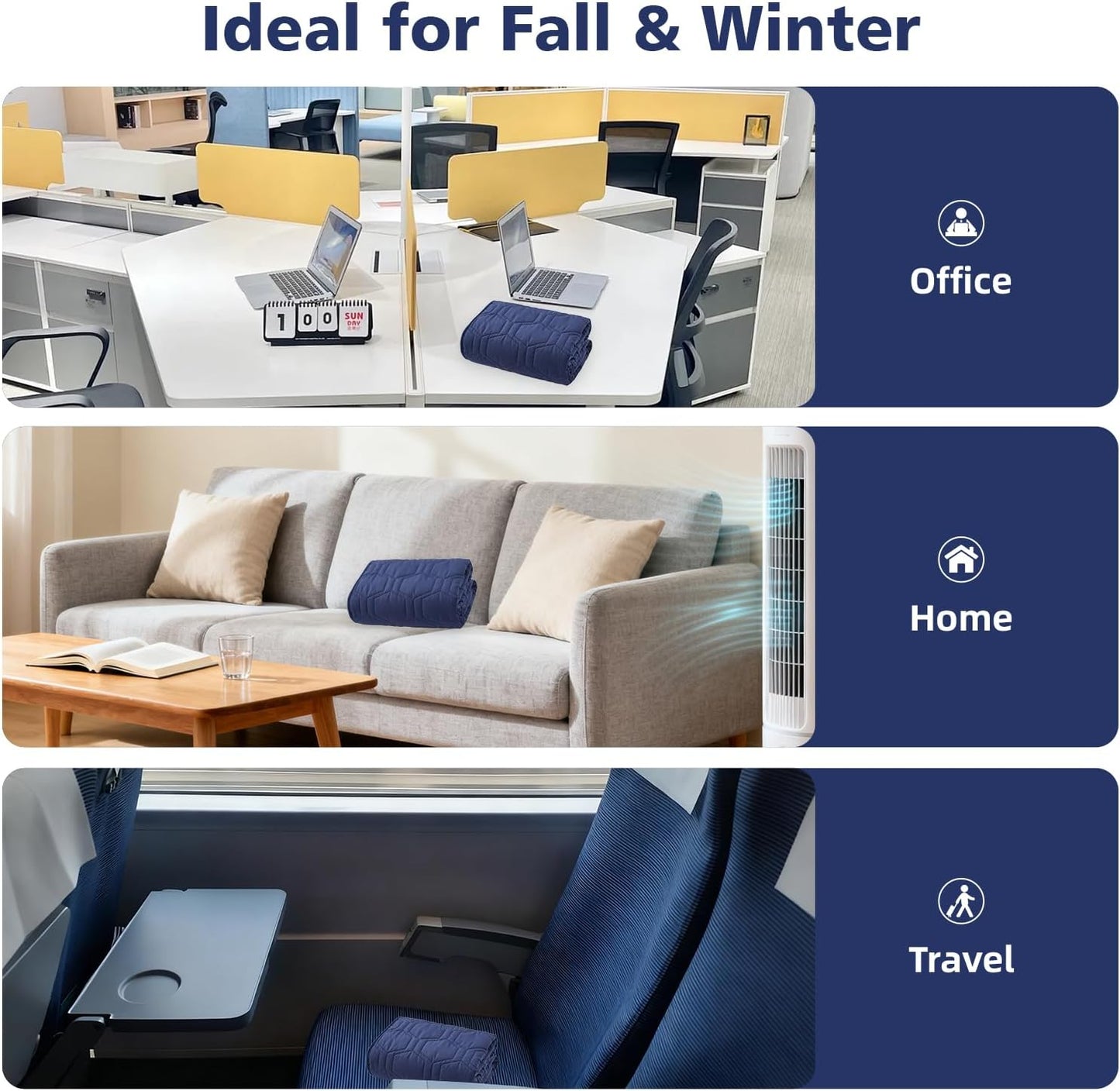 Quilted Fleece Wearable Blanket, Soft Warm Plush Throw for Office & Couch, Dual-Fabric Shawl with Snaps Navy Blue