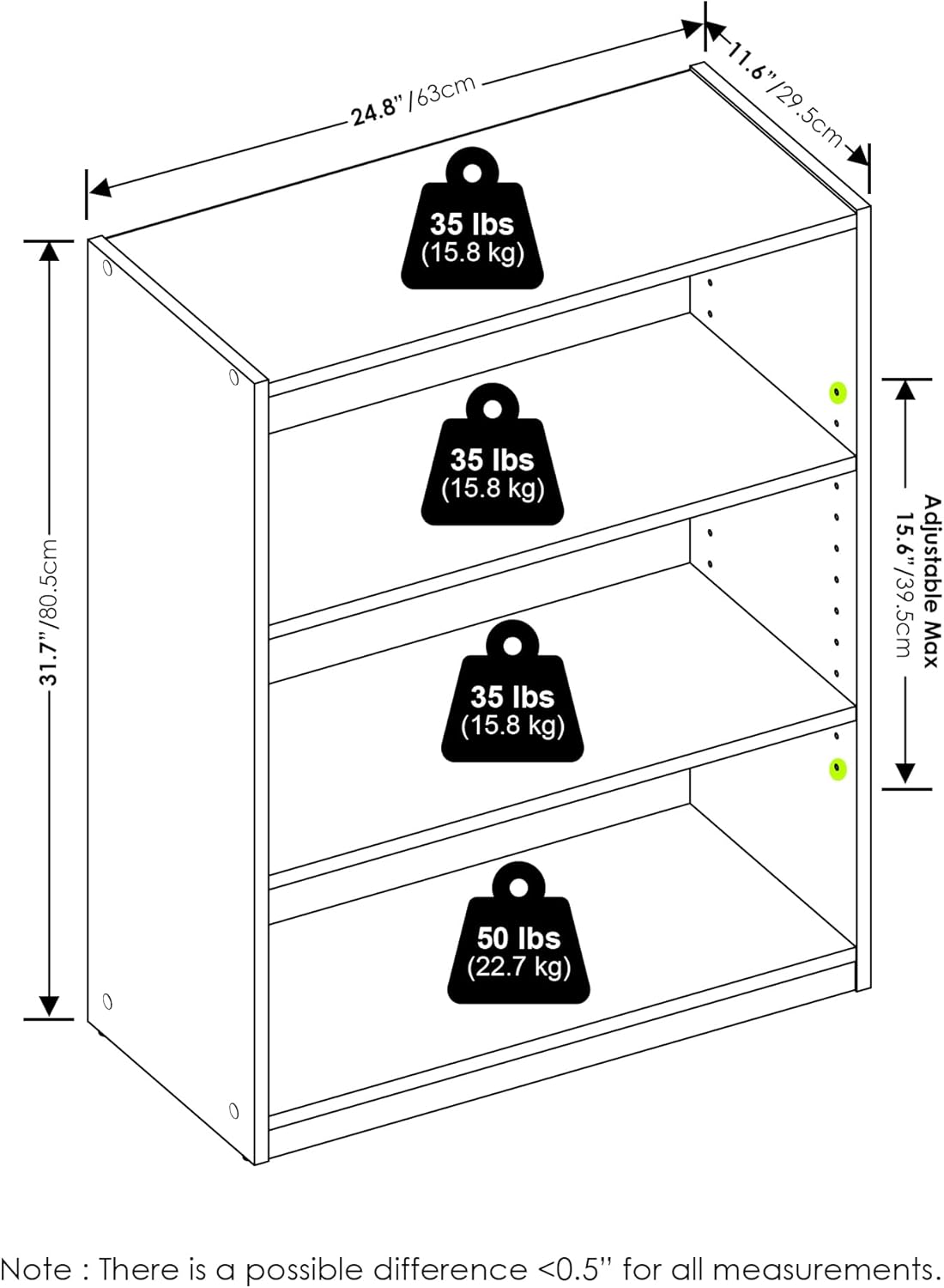 Furinno GEHRY Book Shelf, 3-Tier Bookshelf, Bookcase with Adjustable Shelves, 11.6 x 24.8 x 31.6, for Living Room, Bedroom, Home Office, Blackwood