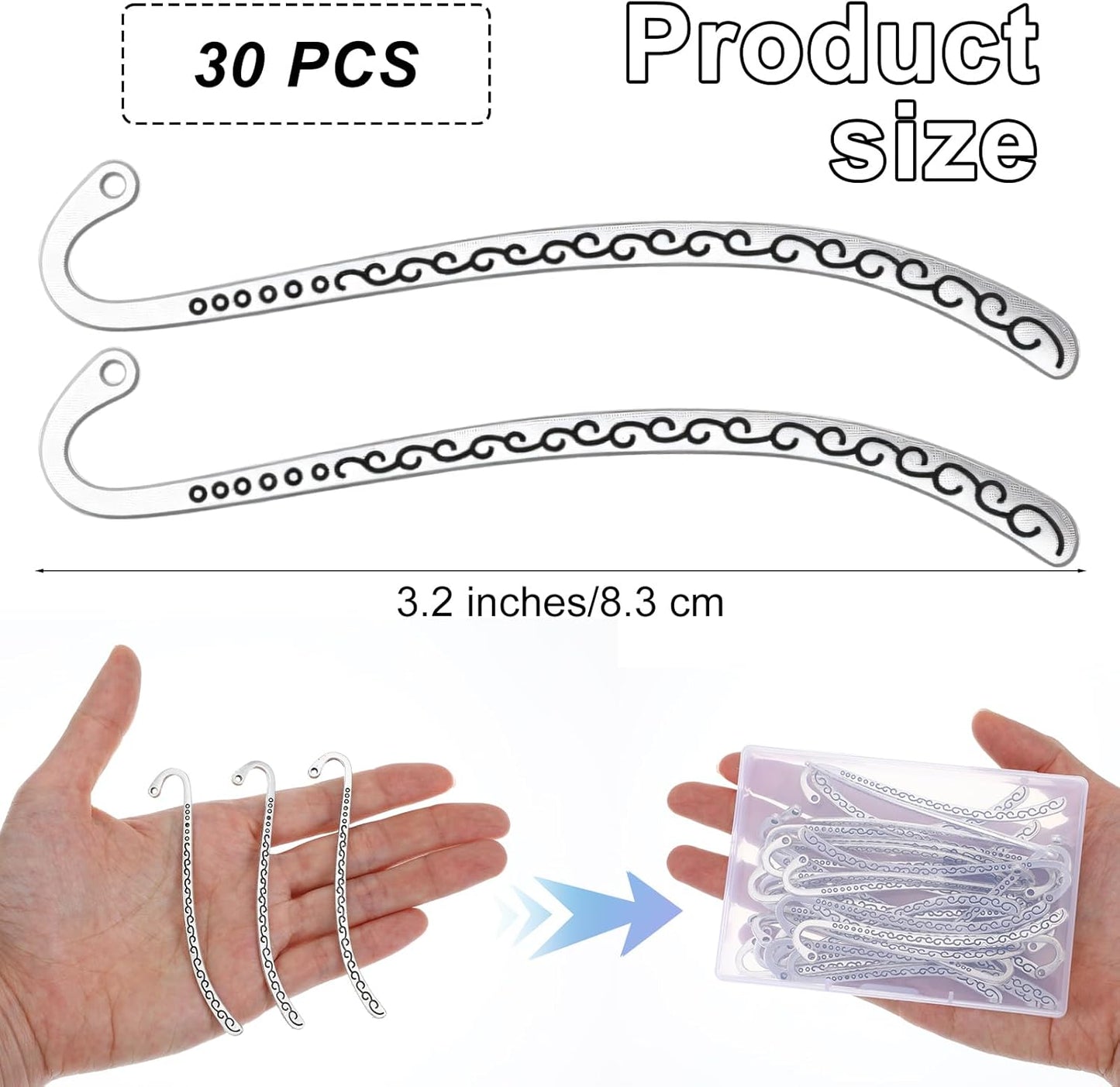 Metal Bookmarks, 30PCS Antique Vintage Silver Carved Hook Bookmarks with Loop, Book Marks for Reading Women Men, Unique Books Mark Gifts for Book Lovers, Jewelry Making Charms