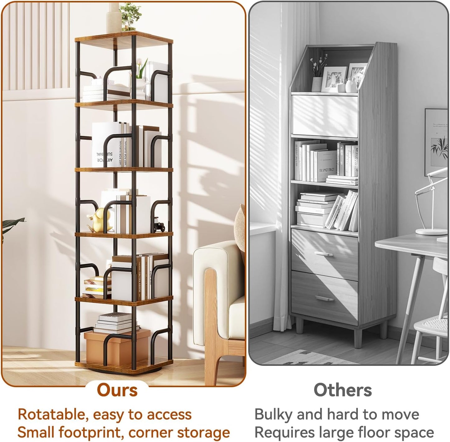 IBUYKE 6 Tier Square Rotating Bookshelf, 360° Spinning Bookcases Tower,Freestanding Corner Bookshelf with Rails,Industrial Swivel Bookcase Organizer for Bedroom, Living Room,Study,Brown,UTBC005H