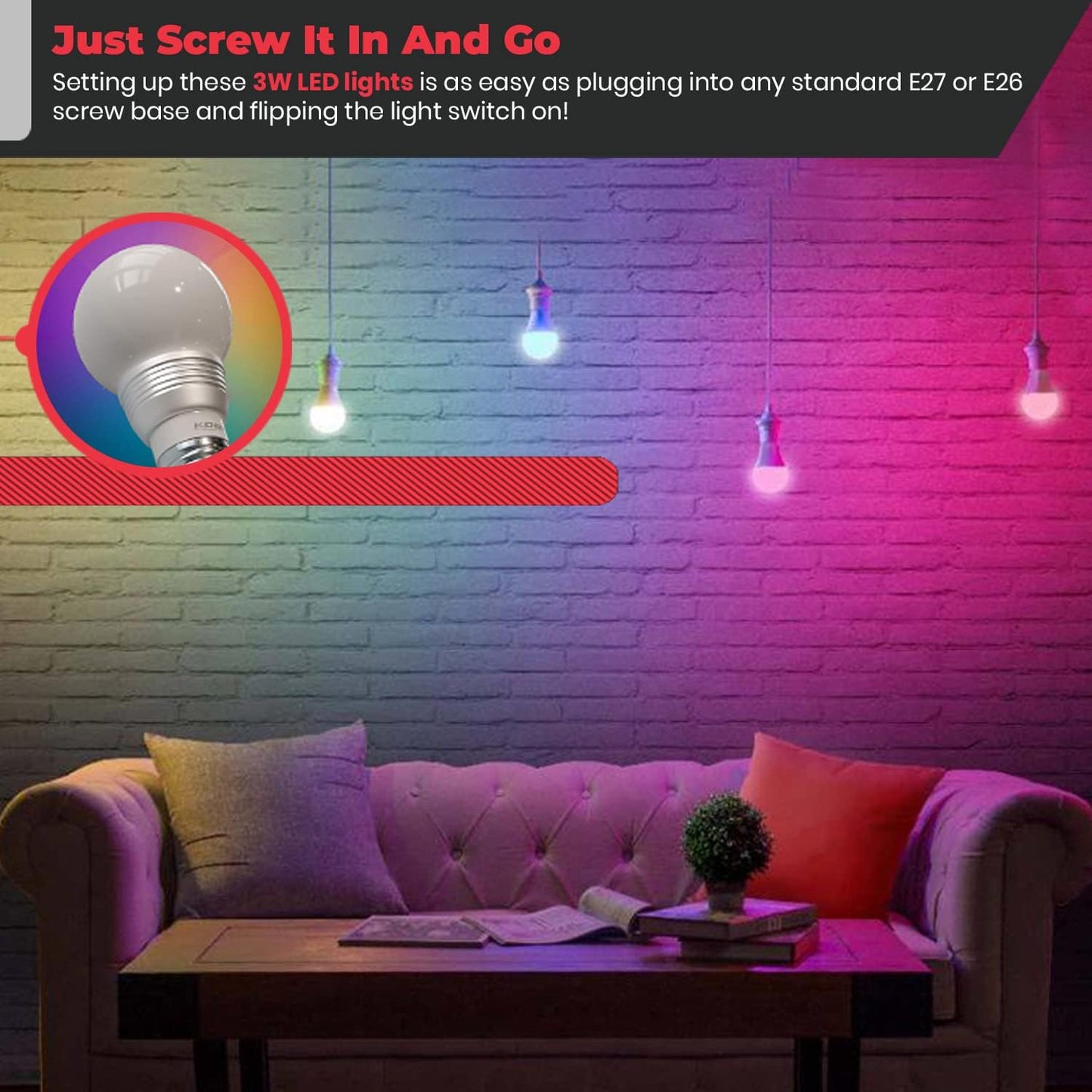 Kobra LED Color Changing Light Bulb with Remote Control - 16 Different Color Choices Smooth, Fade, Flash or Strobe Mode - Smart Remote Lightbulb -RGB & Multi Colored