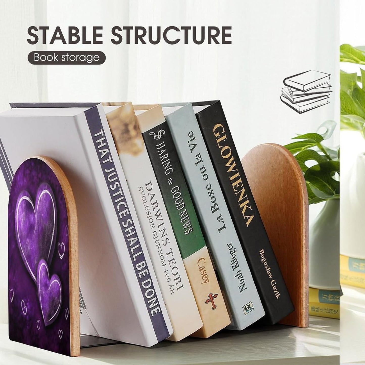 Purple Hearts Bookend for Shelves Wooden Book End Large Size Sturdy Book Holders Stoppers with Metal Base for Bookshelves Slick Decorative Bookends Stands