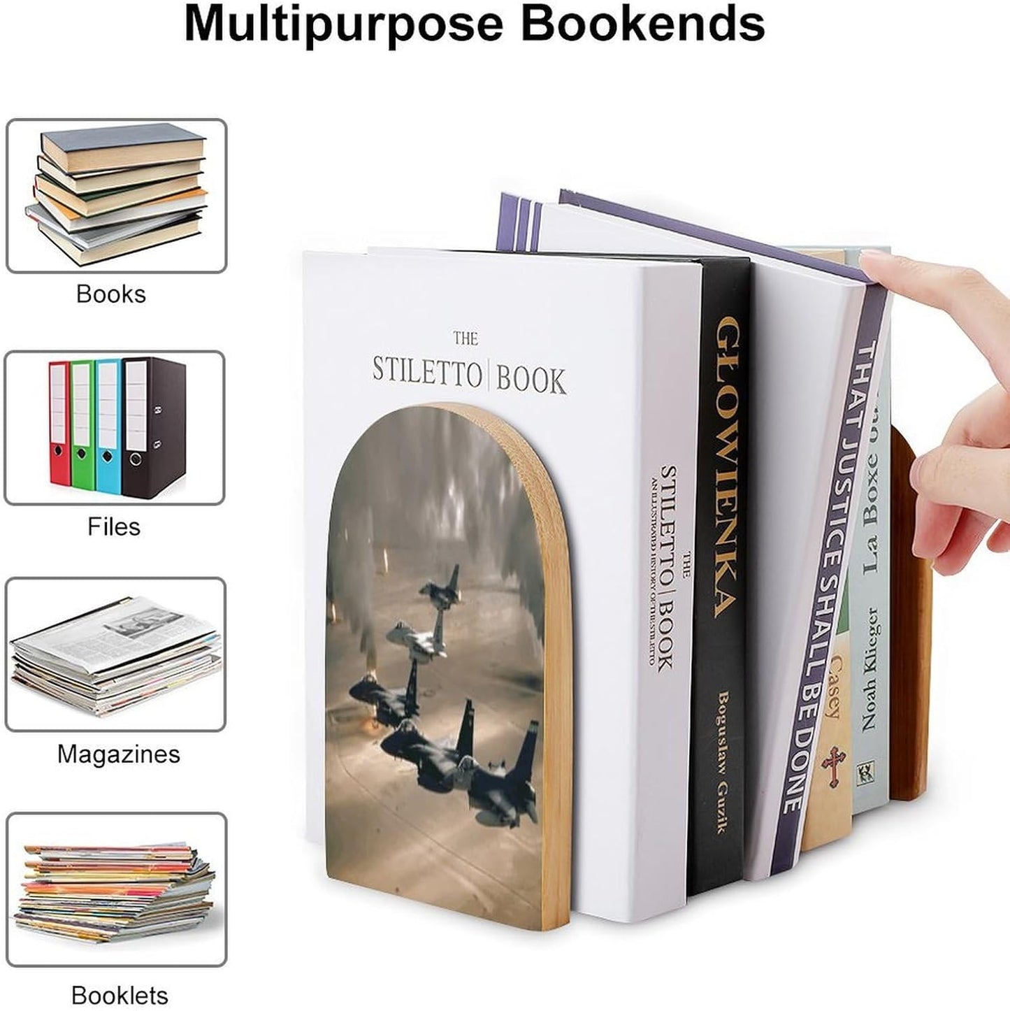 Jet Fighter Wooden Bookend Non-Slip Book Ends Heavy Duty Book Stopper with Metal Base Books Holderd Decorative Bookends Stands Firmly for Office Supplies