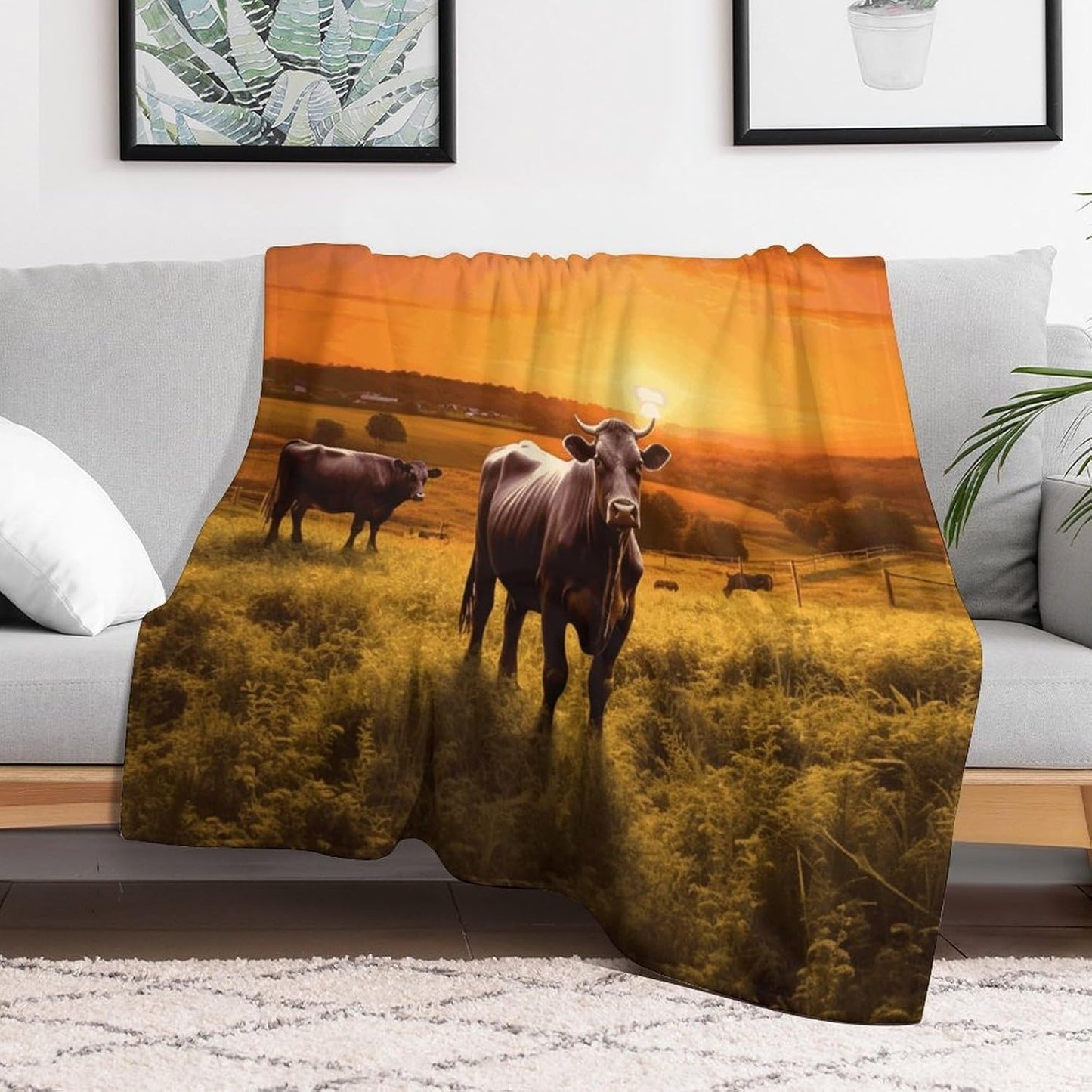 Cow and Sun Orange Sky Throw Blanket for Couch Super Soft Warm Lightweight Throw Blankets Cozy Flannel Bed Blanket Cute Decorative Blankets for All Seasons Home Decor Gift 30"*40"（76 * 100cm）