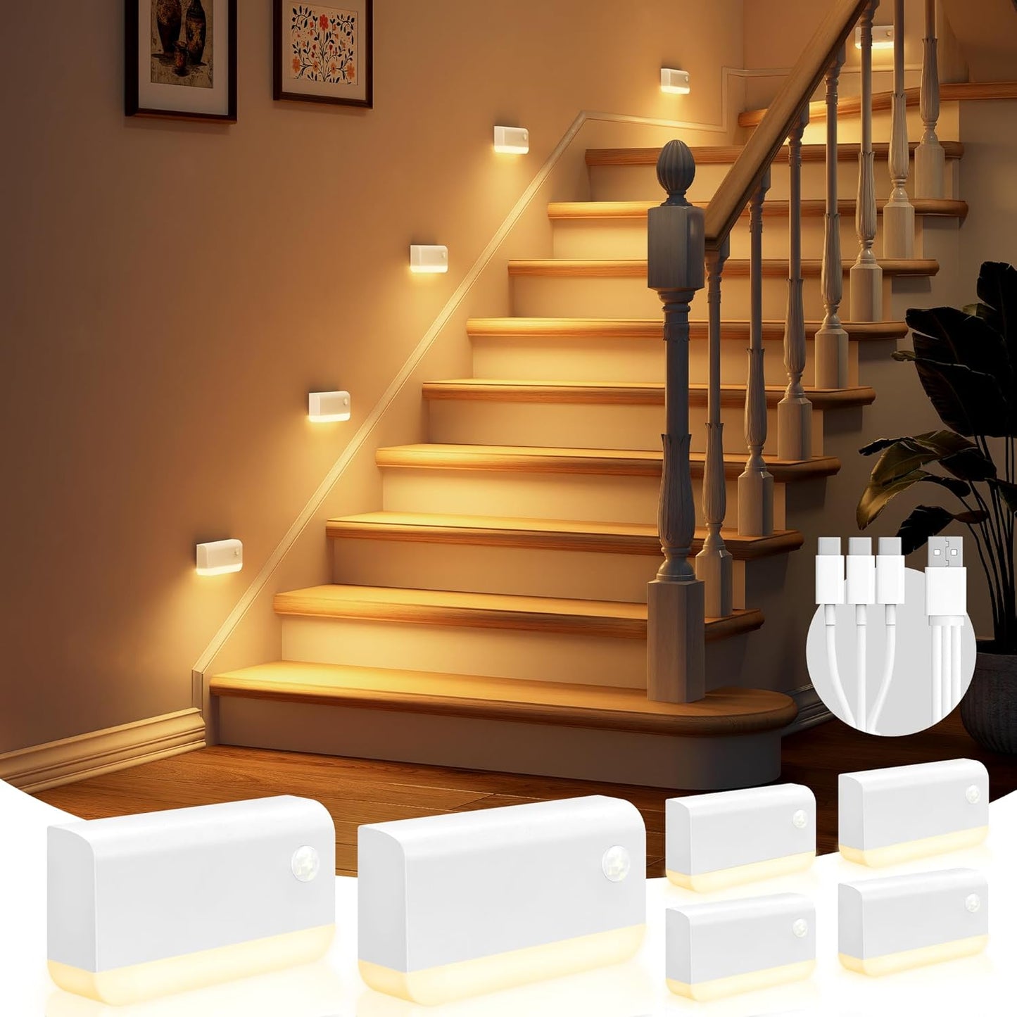 VOLISUN Motion Sensor Stair Light Indoor Rechargeable 6 Pack, Night Lights Indoor for Step, Hallway, Toilet, Magnetic Stick-On Wall Lights, 3 Modes & 3 Color Temperatures(White)