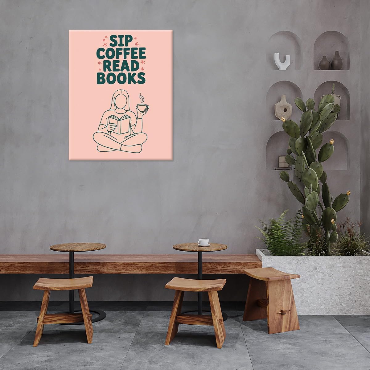 Coffee Book Lover Wall Art Print - Minimalist Coffee Reading Poster Artwork - Aesthetic Wall Decor for Study Room Reading Corner Library Cafe 8x10 Canvas Framed