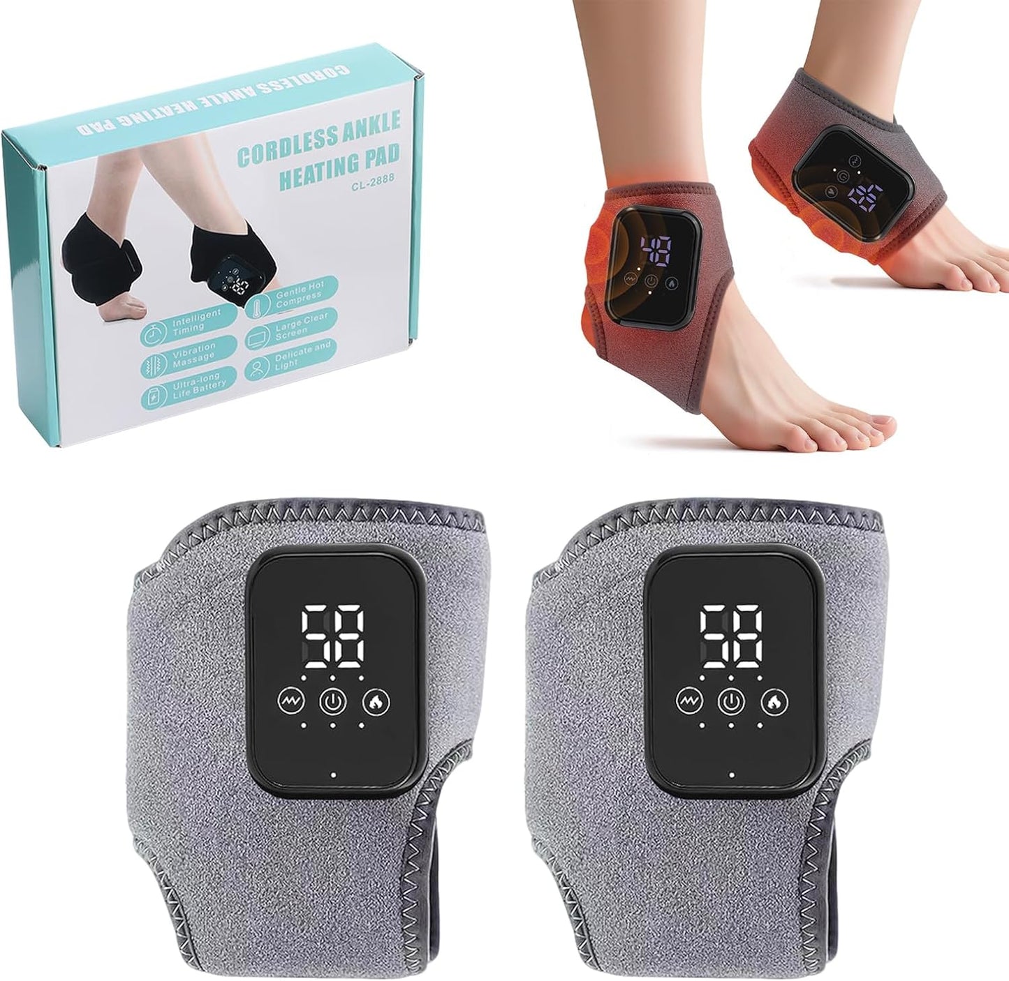 2Pcs Ankle Massager for Pain Relief, Ankle Heating Pads with Massage - 3 Levels Heat & Vibration Adjustable, Auto Shut-Off, Cord-Free Use for Daily Used